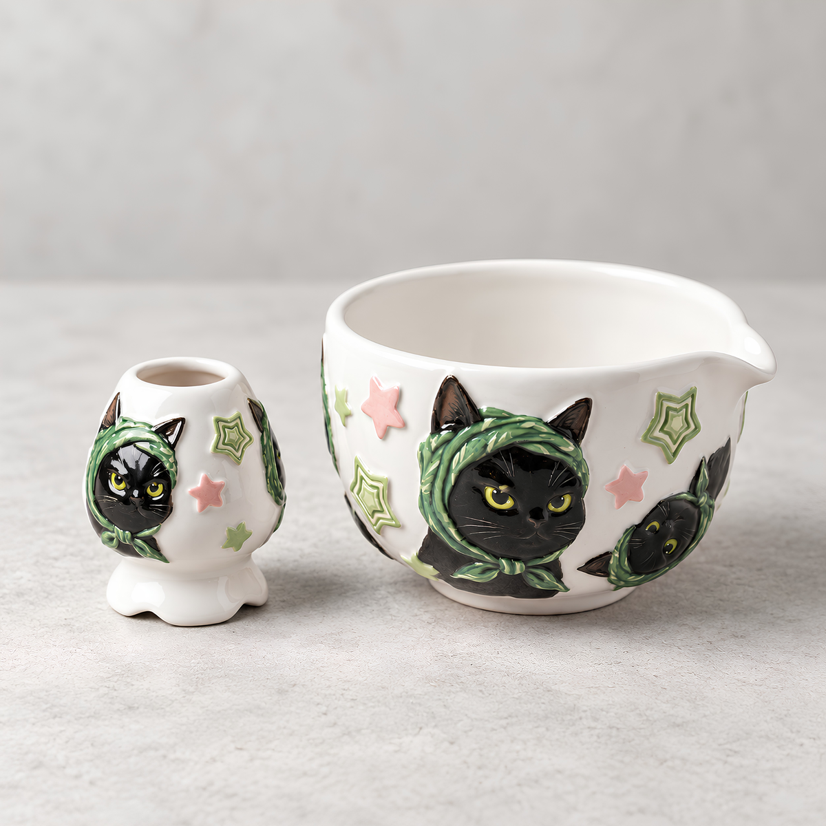 Black Cat Matcha Bowl Set - Spouted Chawan & Whisk Holder, Handmade Ceramic Tea Set.