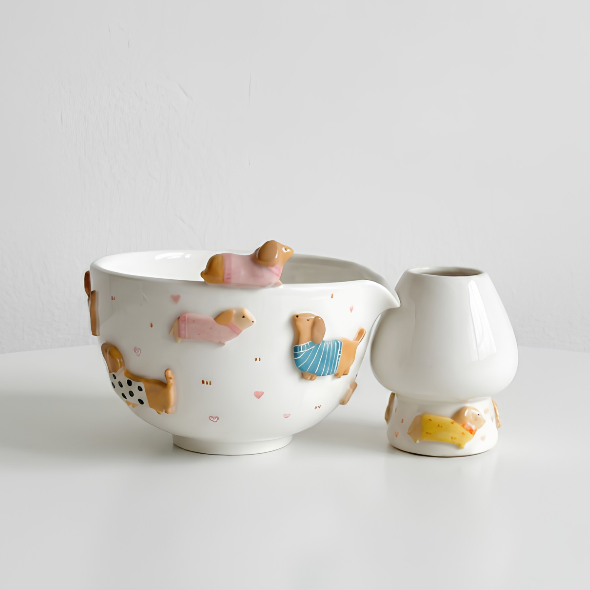 Handcrafted Dachshund Ceramic Matcha Bowl and Whisk Holder Set • HX24