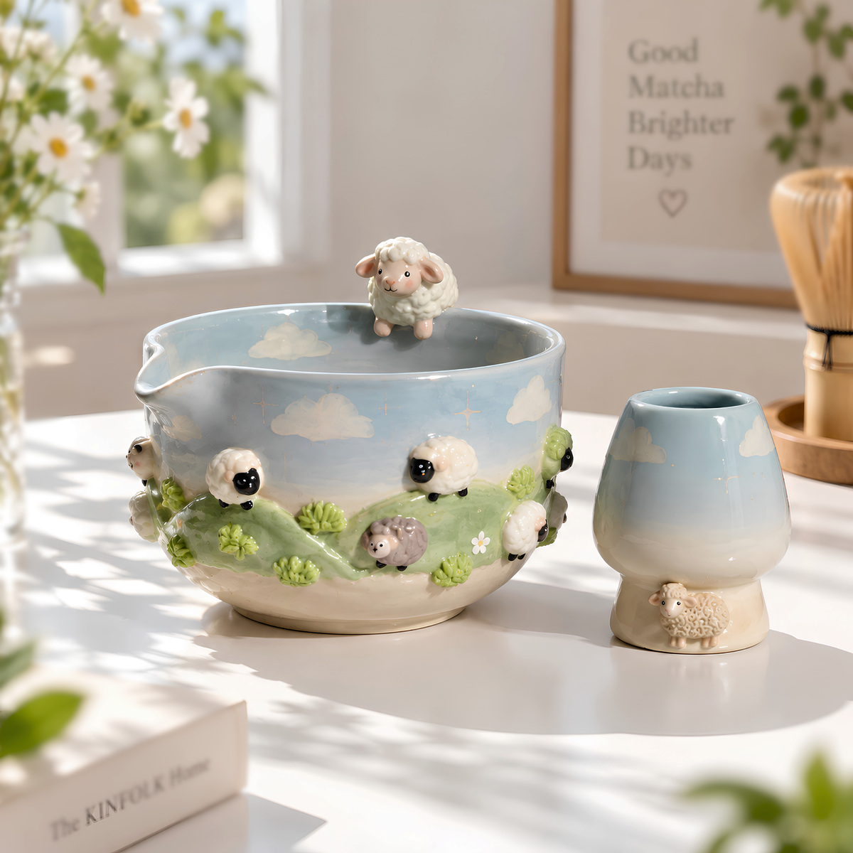Sheep Matcha Bowl Set, Handmade Ceramic Matcha Set, Cute Chawan with Whisk Holder, Cottagecore Matcha Gift for Tea Lover | LA046