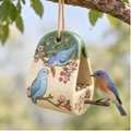Bluebird Ceramic Bird Feeder - Hanging Seed Holder with Perch, Hand Painted Garden Pottery.