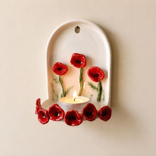 Handmade Ceramic Poppy Flower Wall Tealight Candle Holder - NN04