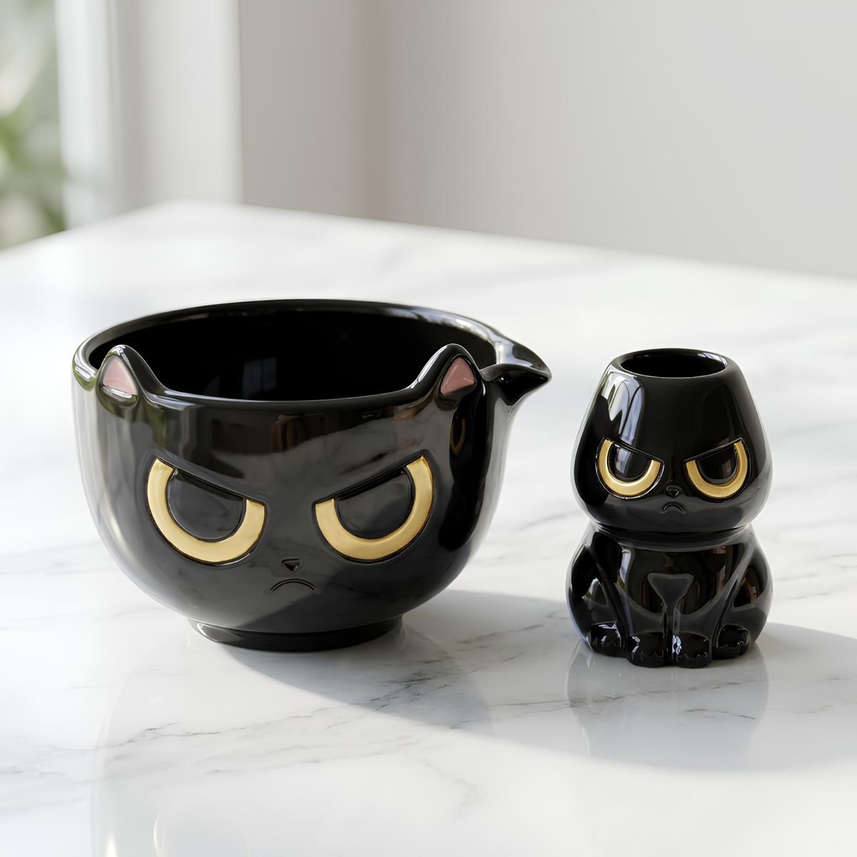Grumpy Black Cat Matcha Bowl Set - Spouted Chawan & Whisk Holder, Handmade Ceramic Tea Set.