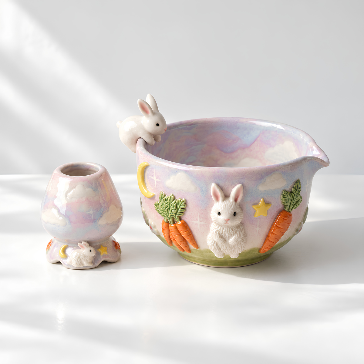 Bunny Carrot Matcha Bowl Set - Spouted Chawan and Whisk Holder, Handmade Ceramic Tea Set, Kawaii Gift for Rabbit & Matcha Lovers