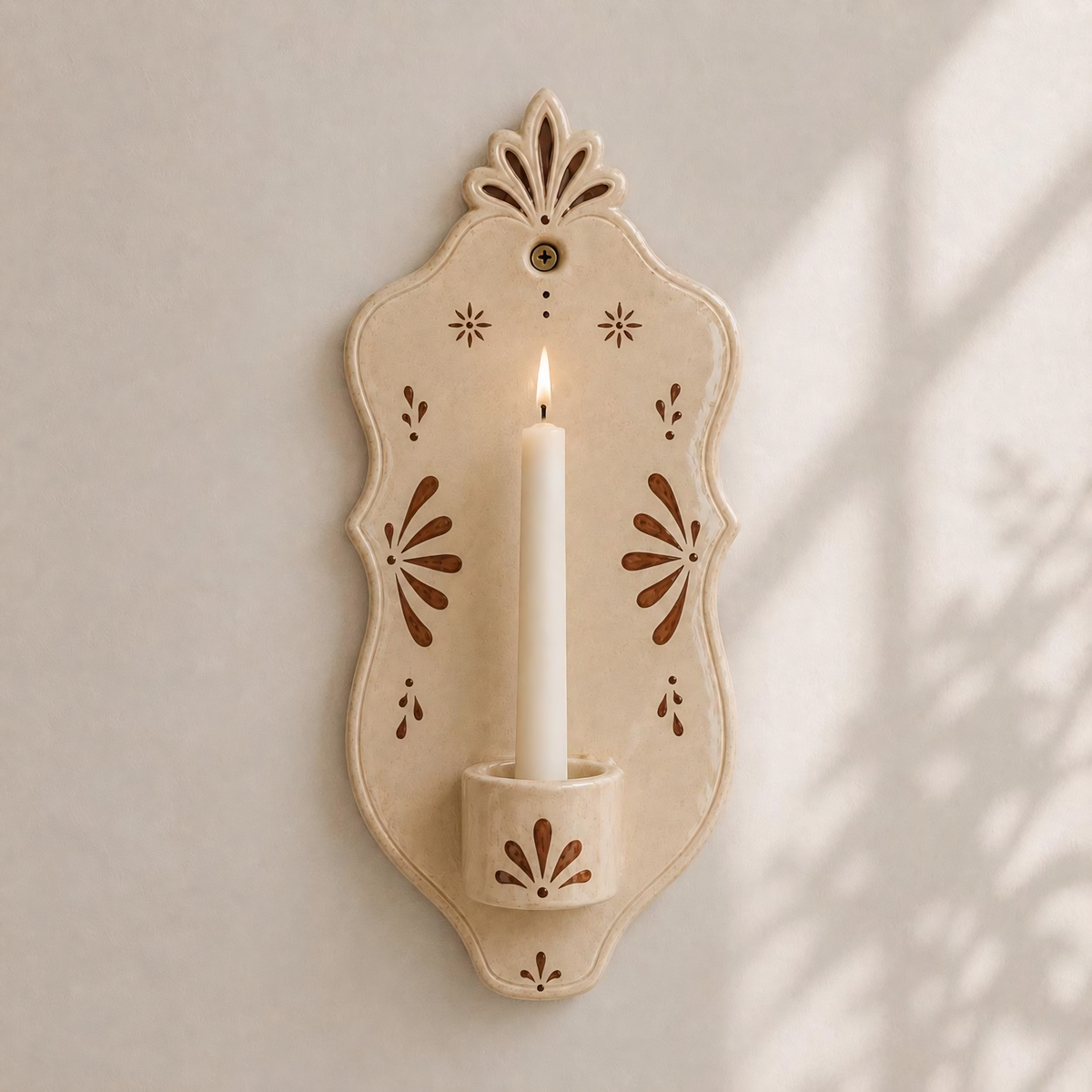 Ceramic Wall Candle Holder, Handmade Mediterranean Wall Sconce, Beige Taper Candle Holder, Farmhouse Boho Wall Decor | LA130