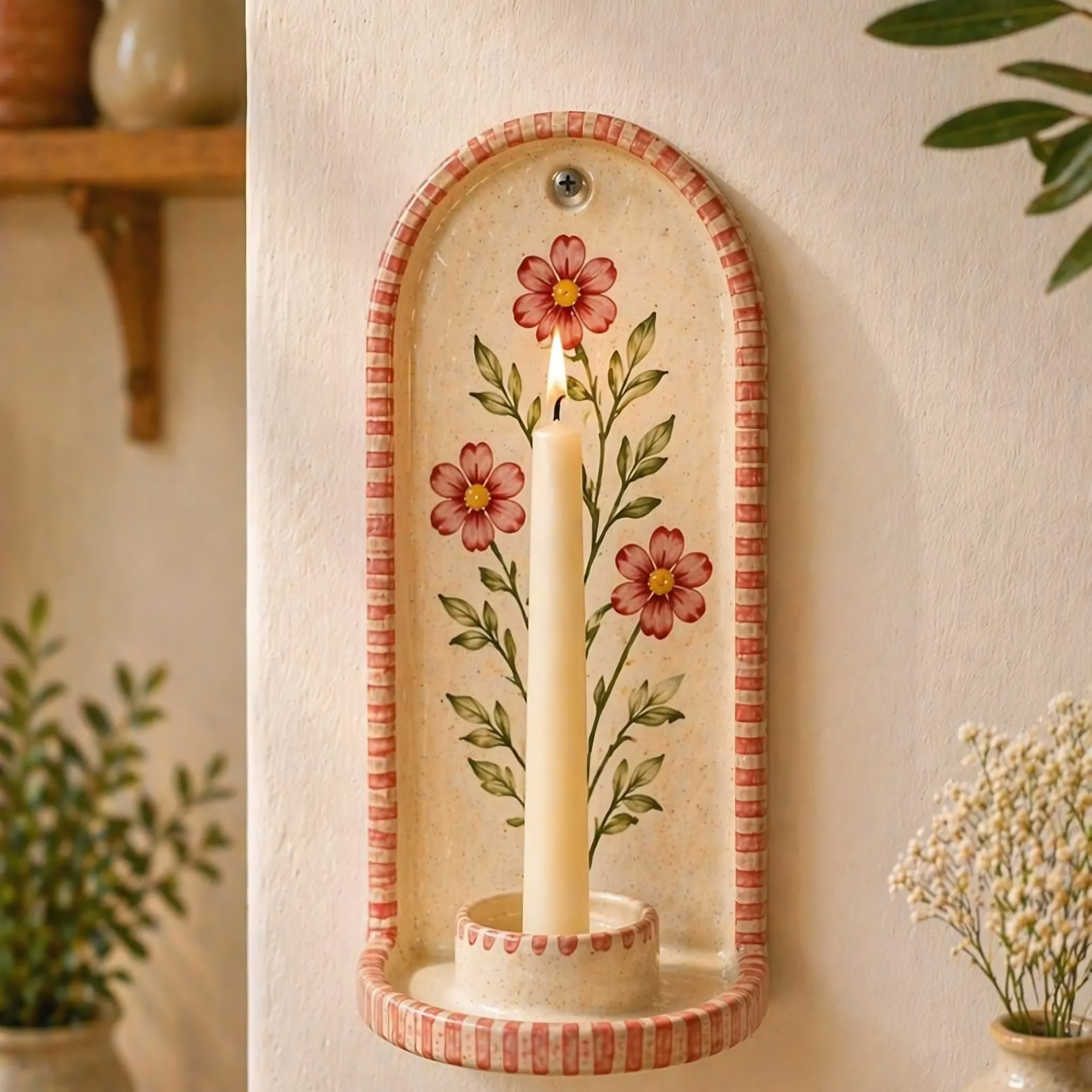 Wall Candle Holder Ceramic, Hand Painted Floral Sconce, Kitchen Decor, Cottagecore Wall Art, Handmade Gift for Her, Home Decor Accent | LA121