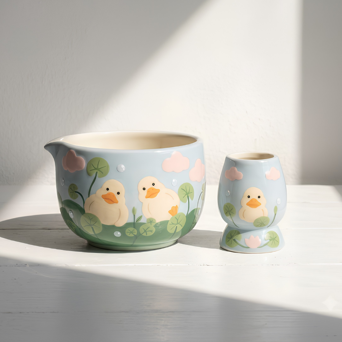 Handmade Duck Pond Ceramic Matcha Bowl Set | Cute Spouted Chawan & Whisk Holder • HX49