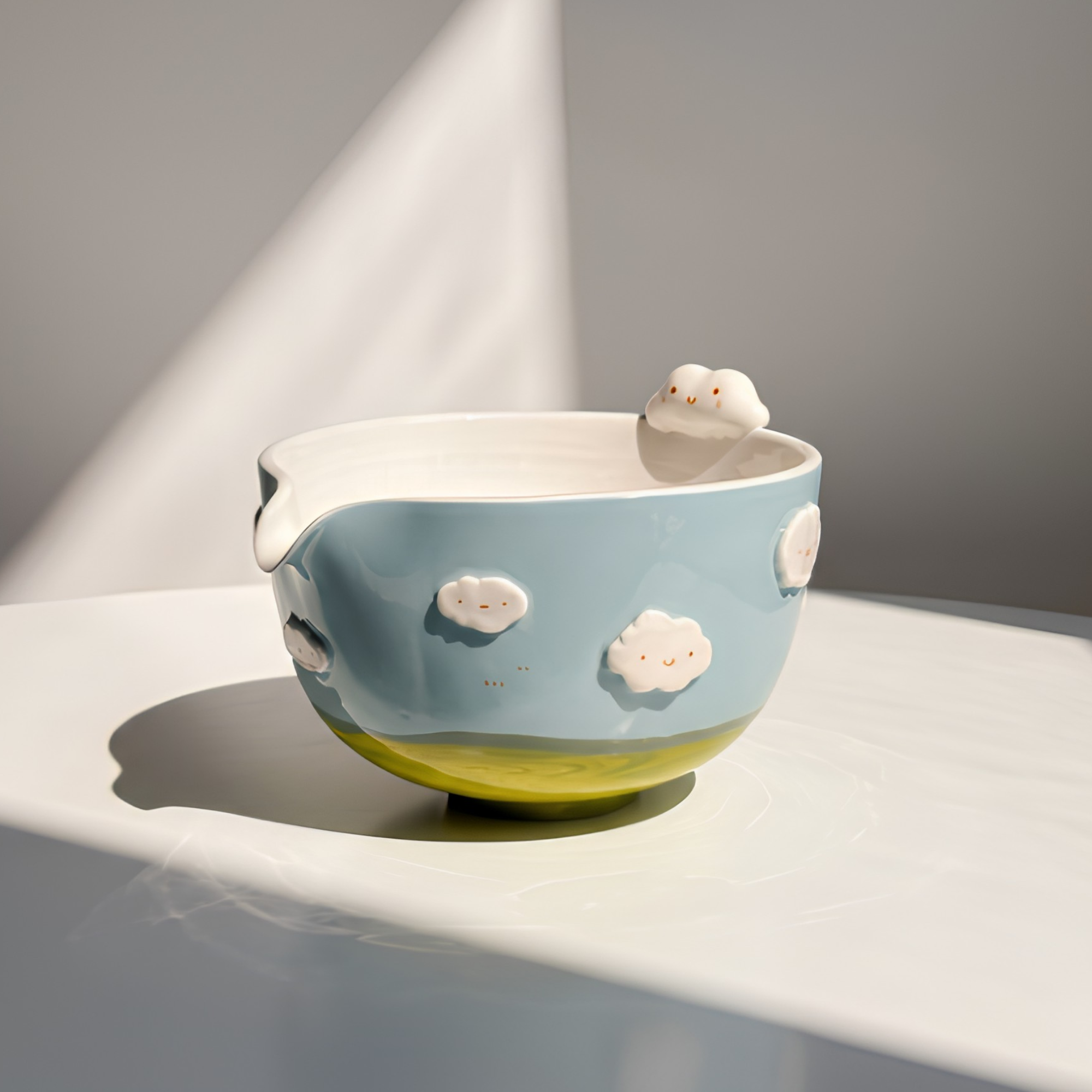 Dreamy Blue Sky & White Cloud 3D Handcrafted Ceramic Matcha Bowl and Whisk Holder Set • HX21