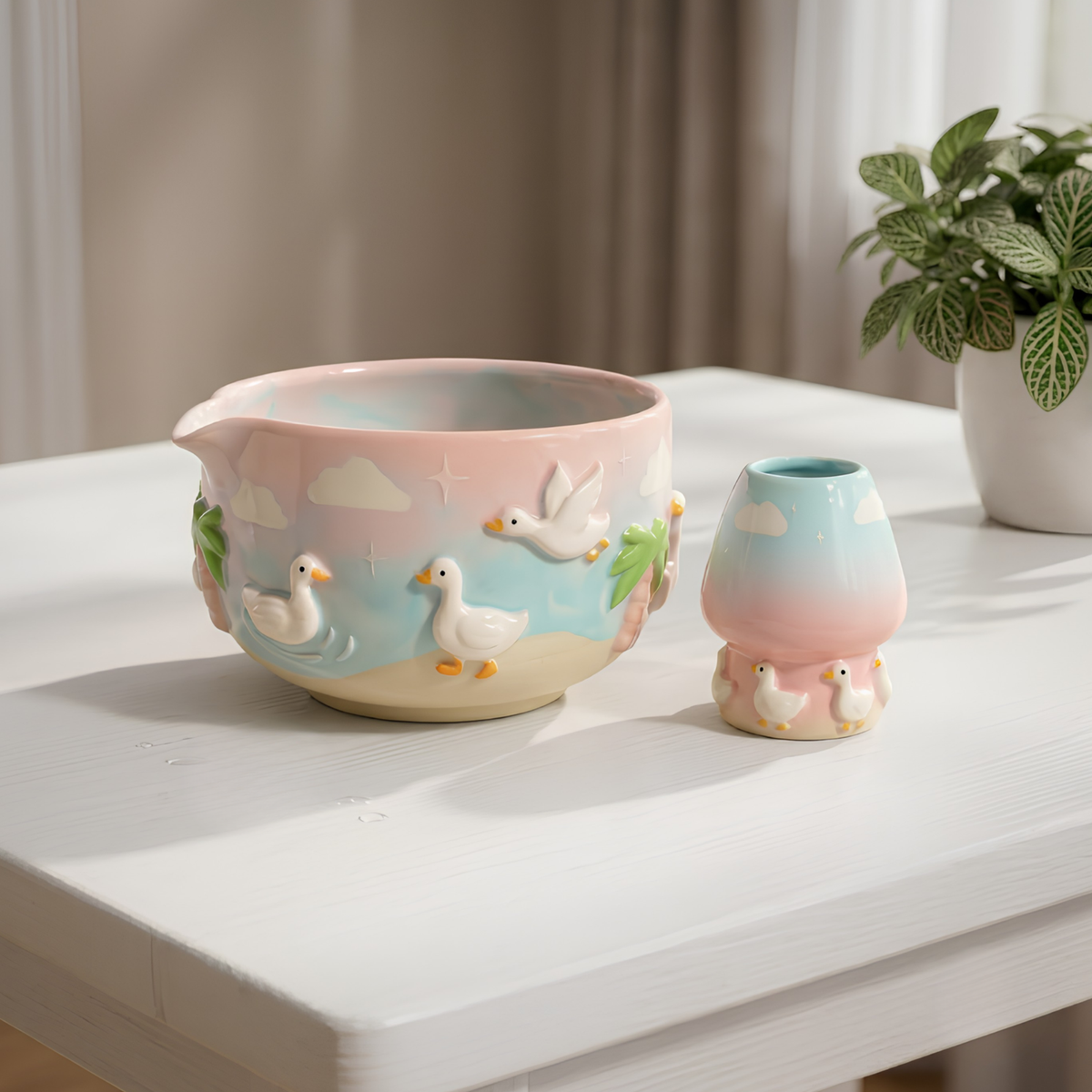 Goose Matcha Bowl Set | Cottagecore Ceramic Whisk Holder | Pastel Ombre Handmade Matcha Chawan | Cute Duck Gift for Tea Lovers | LA048