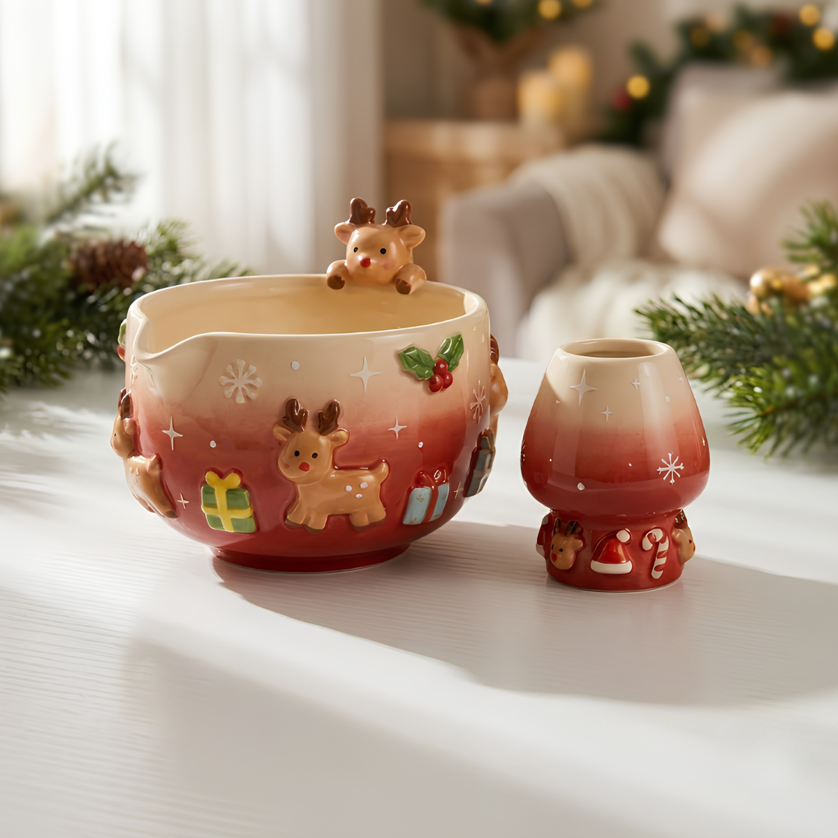 Christmas Reindeer Matcha Bowl Set, Handmade Ceramic Matcha Bowl with Whisk Holder, Cute Holiday Matcha Set, Christmas Gift for Matcha Lover | LA052