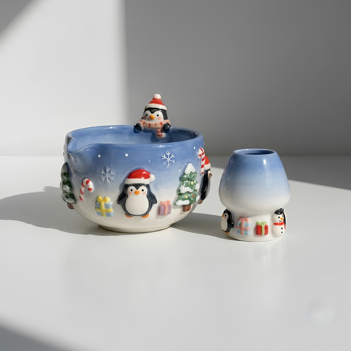 Christmas Penguin Matcha Bowl, Handmade Ceramic Matcha Set with Whisk Holder, Cute Winter Chawan, Penguin Gift for Matcha Lover | LA050