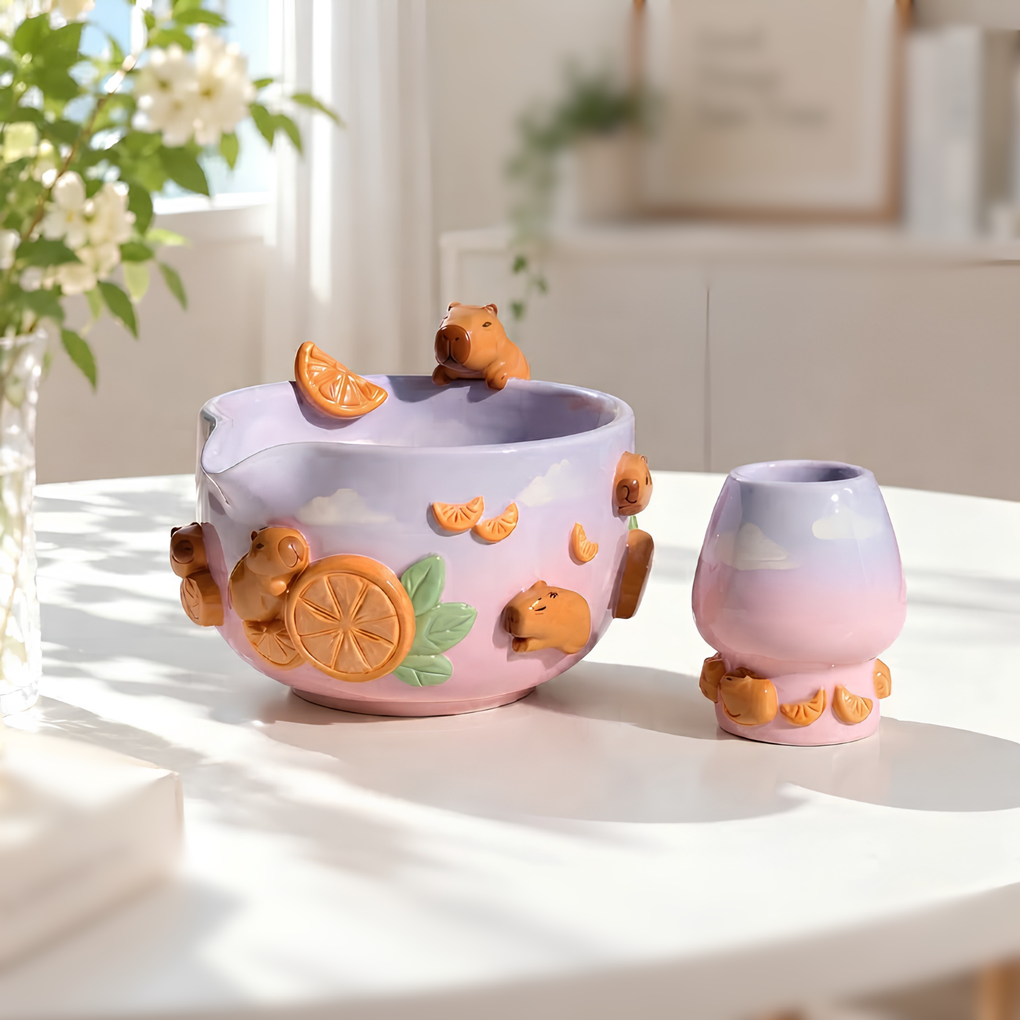 Capybara Orange Ombre Matcha Bowl Set, Handmade Ceramic Chawan with Whisk Holder, Cute Matcha Gift for Tea Lover | LA045