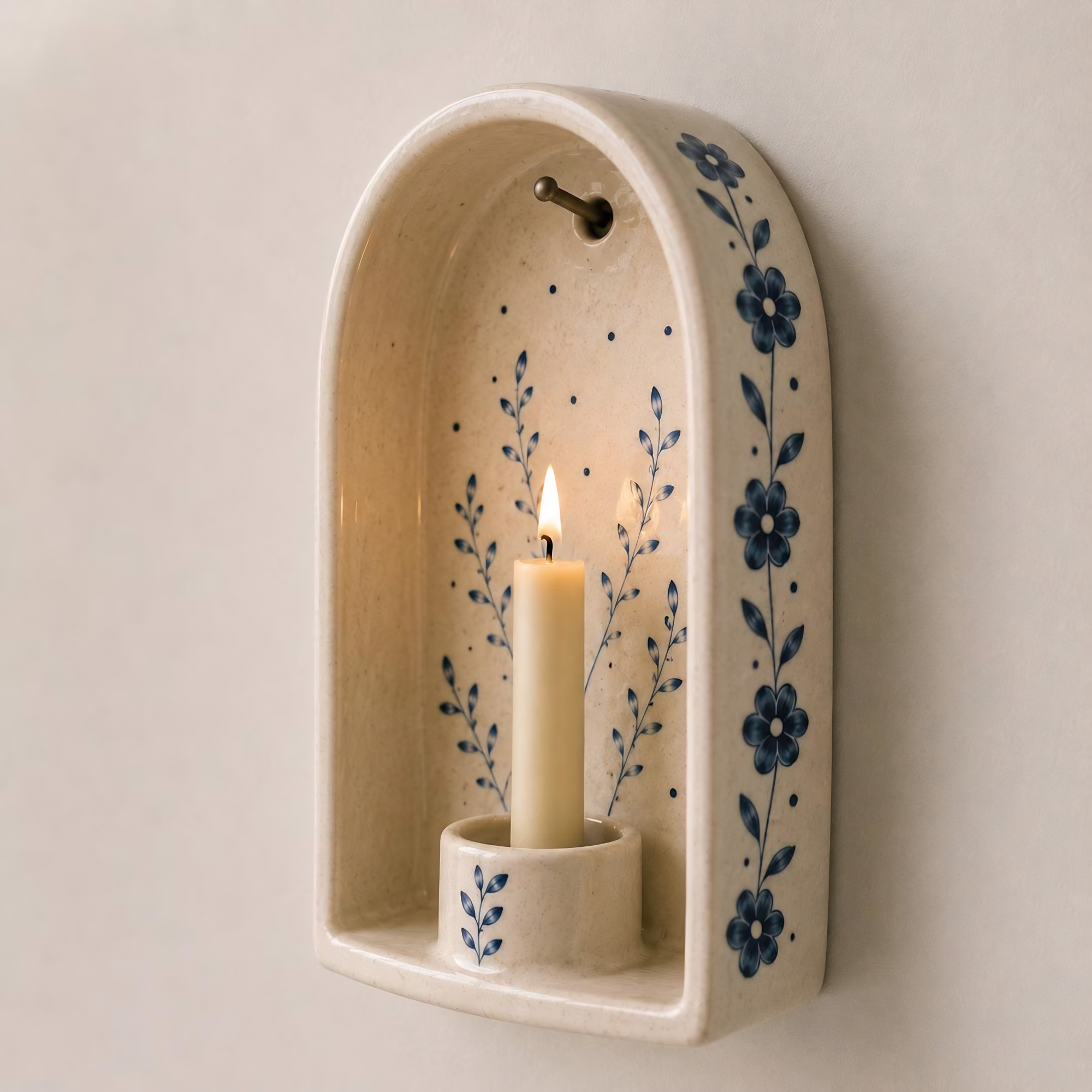 Blue Floral Ceramic Wall Candle Holder, Handmade Wall Sconce, Taper Candle Holder, Cottagecore Decor, Farmhouse Wall Decor | LA125