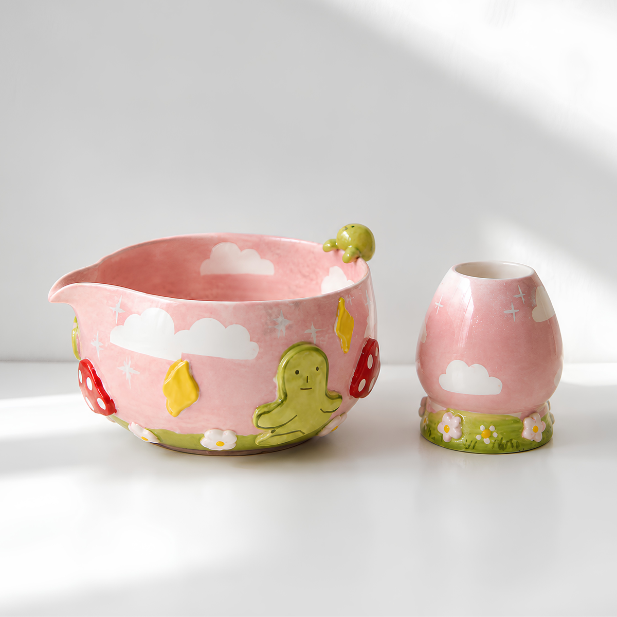 Fairytale Pink Sky Smiski 3D Handcrafted Ceramic Matcha Bowl and Whisk Holder Set • HX07