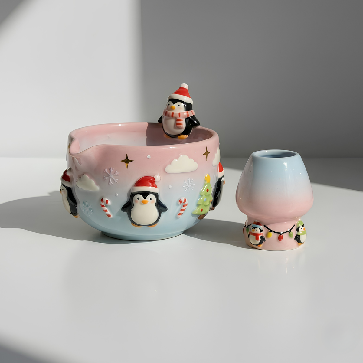 Christmas Penguin Matcha Bowl, Handmade Ceramic Matcha Set with Whisk Holder, Cute Winter Chawan, Penguin Gift for Matcha Lover | LA049