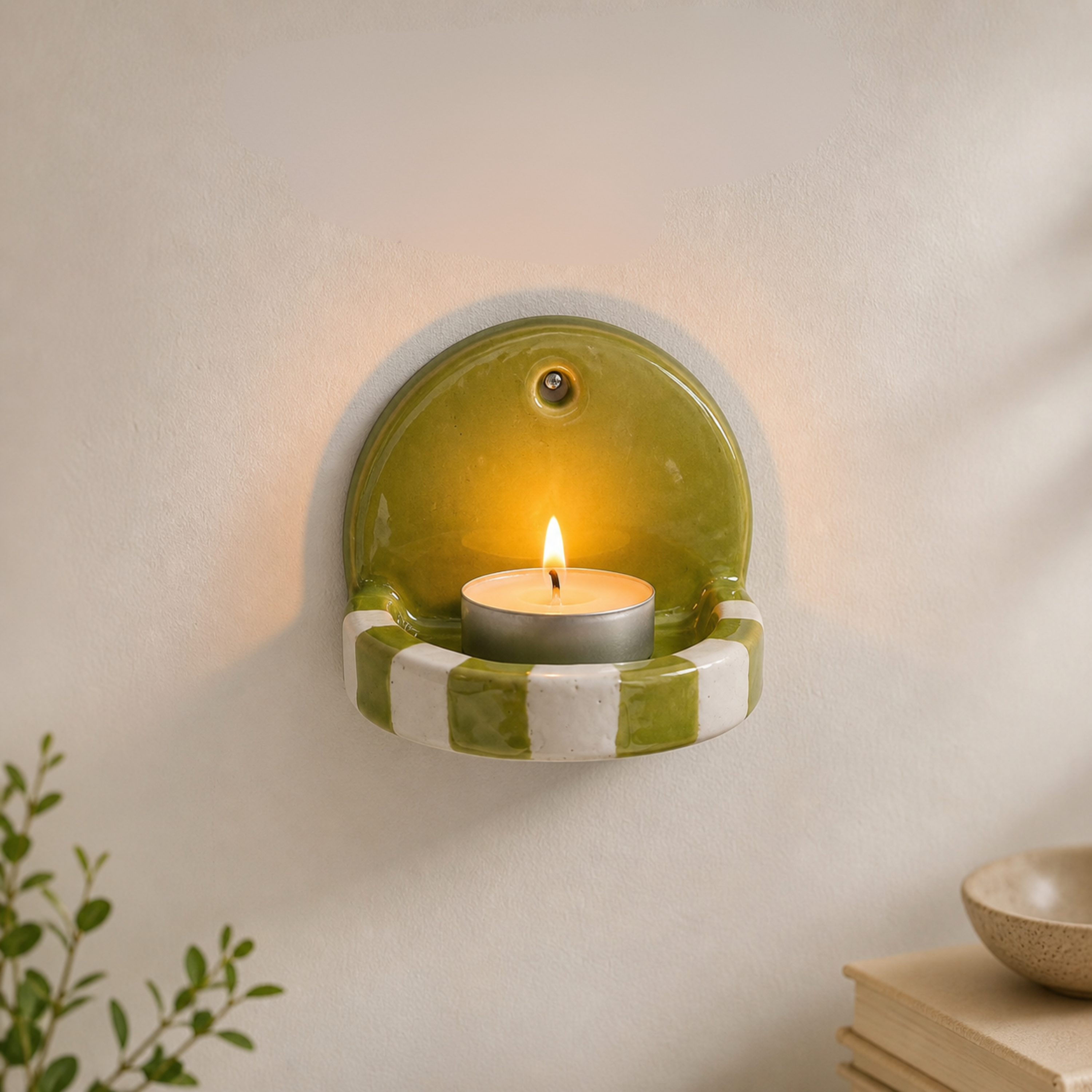 Green And White Checkered Candle Holder | Ceramic Wall Candle Holder | LA118