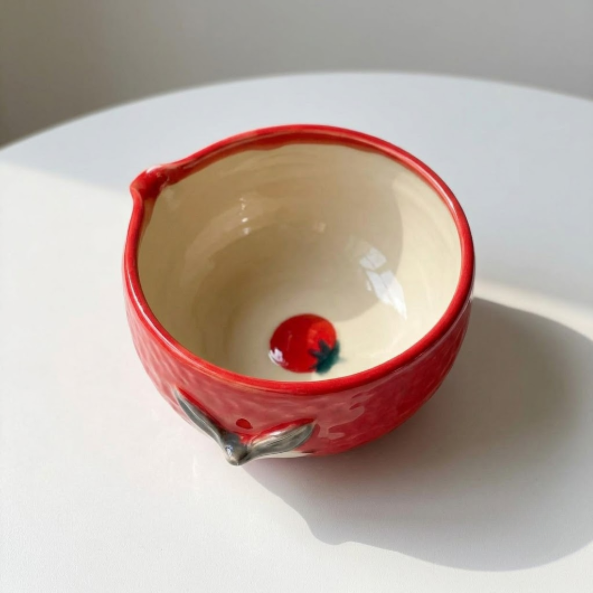 Handmade Red Tomato Ceramic Matcha Bowl Set | Cute Spouted Chawan & Polka Dot Whisk Holder • HX52