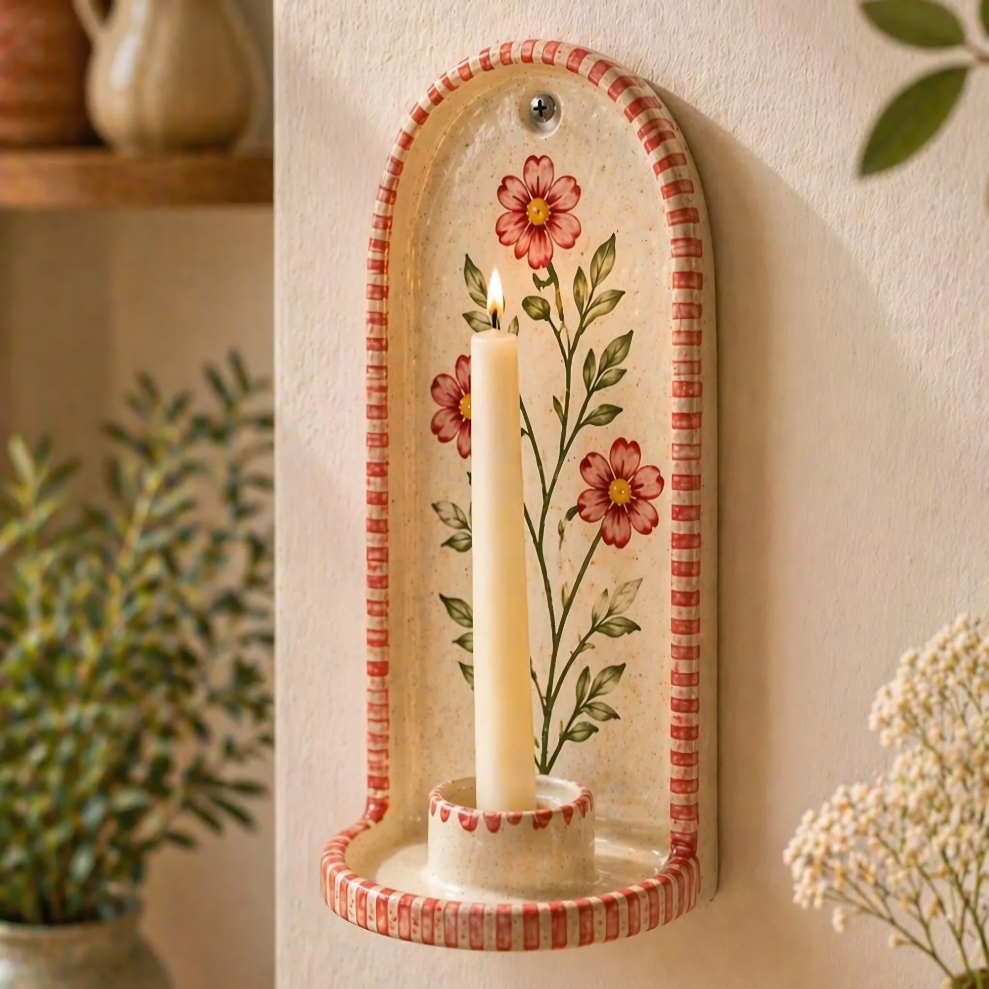 Wall Candle Holder Ceramic, Hand Painted Floral Sconce, Kitchen Decor, Cottagecore Wall Art, Handmade Gift for Her, Home Decor Accent | LA121