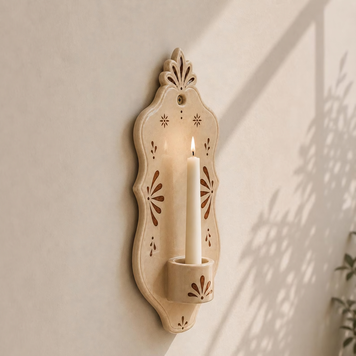 Ceramic Wall Candle Holder, Handmade Mediterranean Wall Sconce, Beige Taper Candle Holder, Farmhouse Boho Wall Decor | LA130