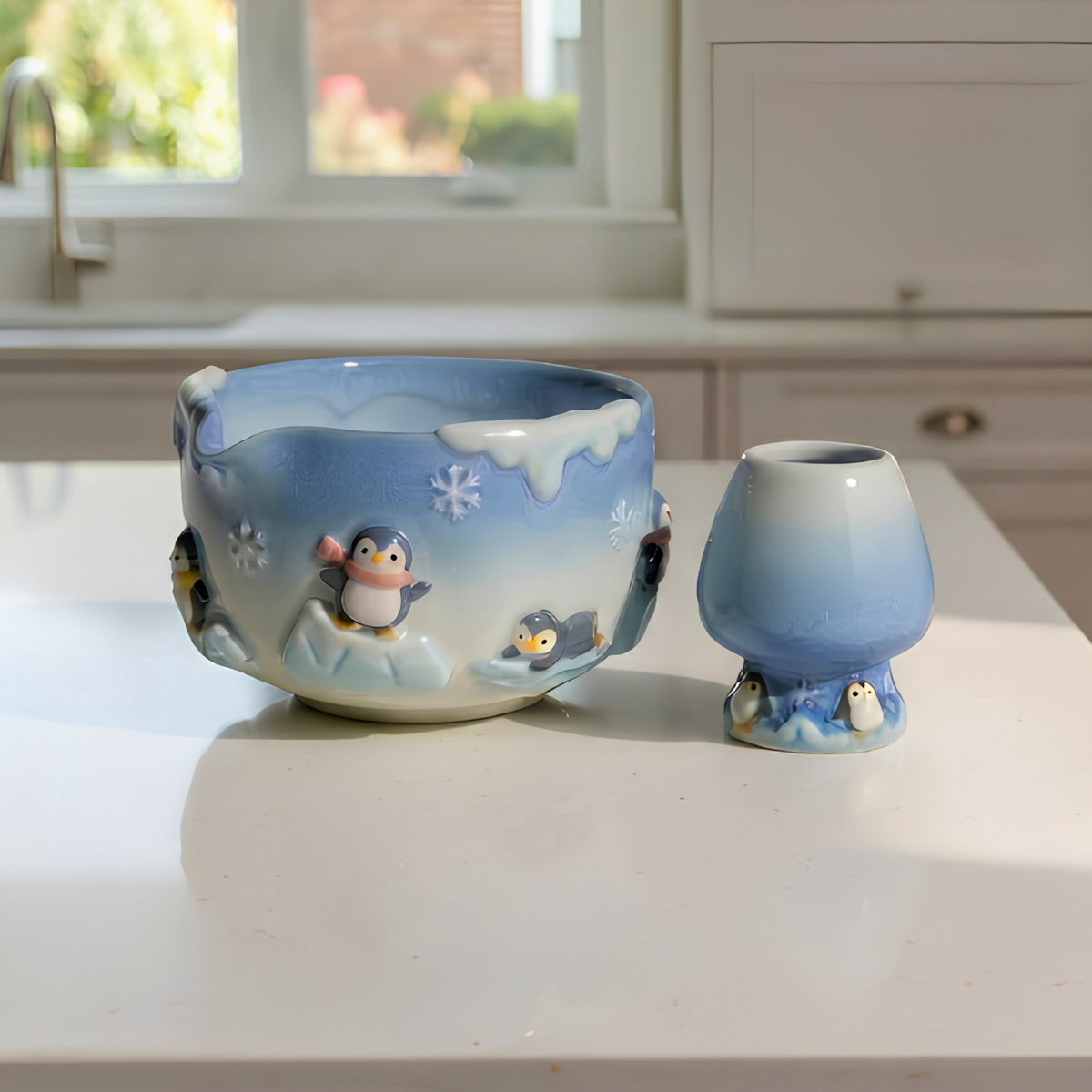 Penguin Matcha Bowl Set, Handmade Ceramic Chawan with Whisk Holder, Cute Winter Matcha Set, Arctic Penguin Gift, Matcha Lover Gift | LA051