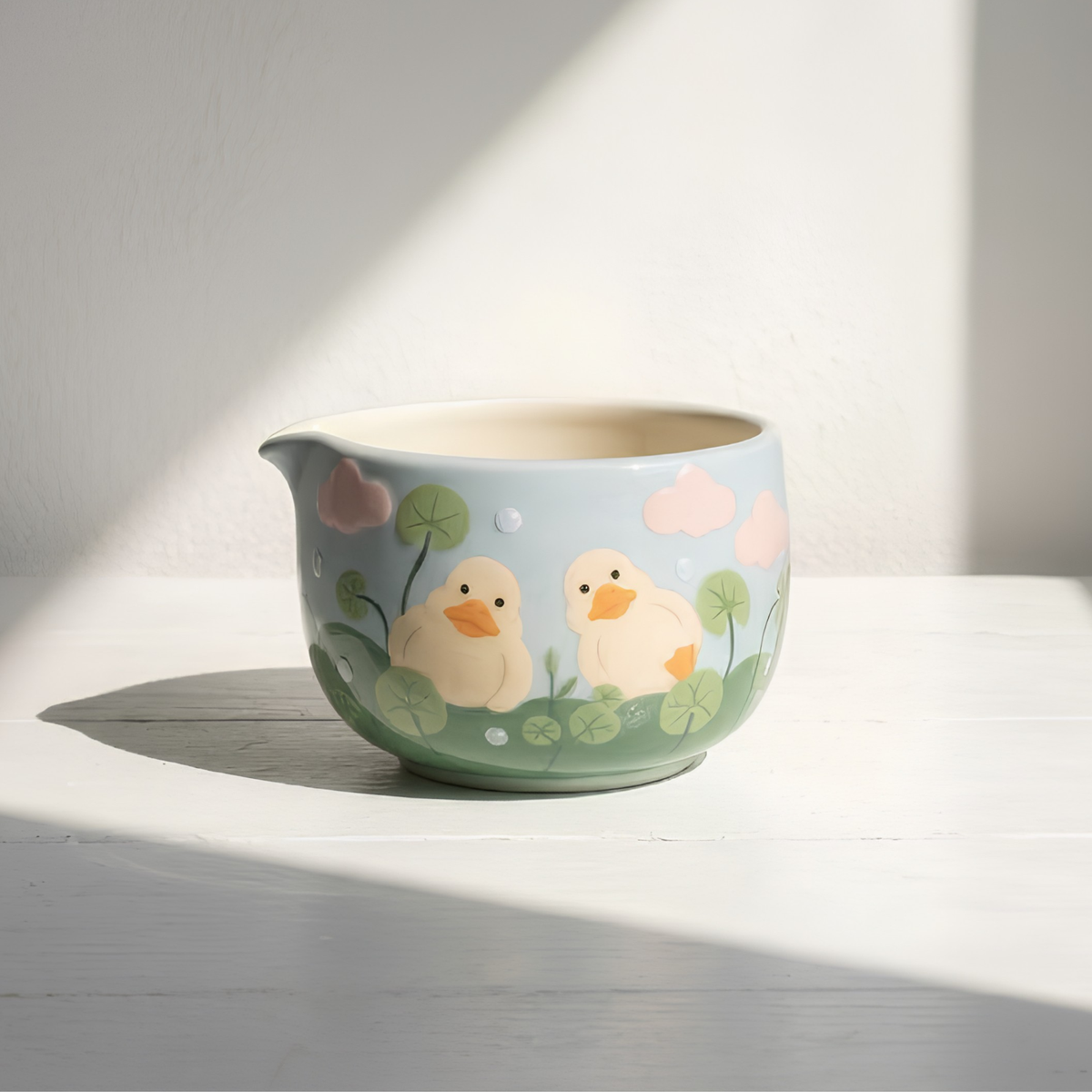 Handmade Duck Pond Ceramic Matcha Bowl Set | Cute Spouted Chawan & Whisk Holder • HX49