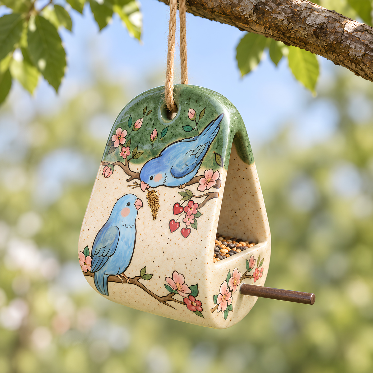 Bluebird Ceramic Bird Feeder - Hanging Seed Holder with Perch, Hand Painted Garden Pottery.
