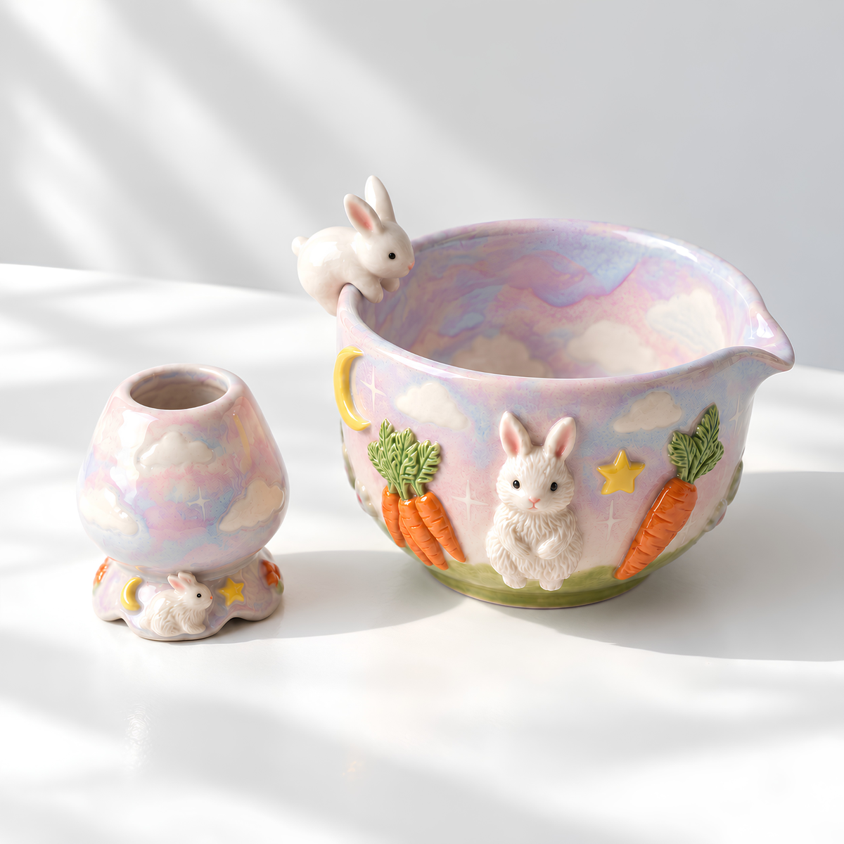 Bunny Carrot Matcha Bowl Set - Spouted Chawan and Whisk Holder, Handmade Ceramic Tea Set, Kawaii Gift for Rabbit & Matcha Lovers