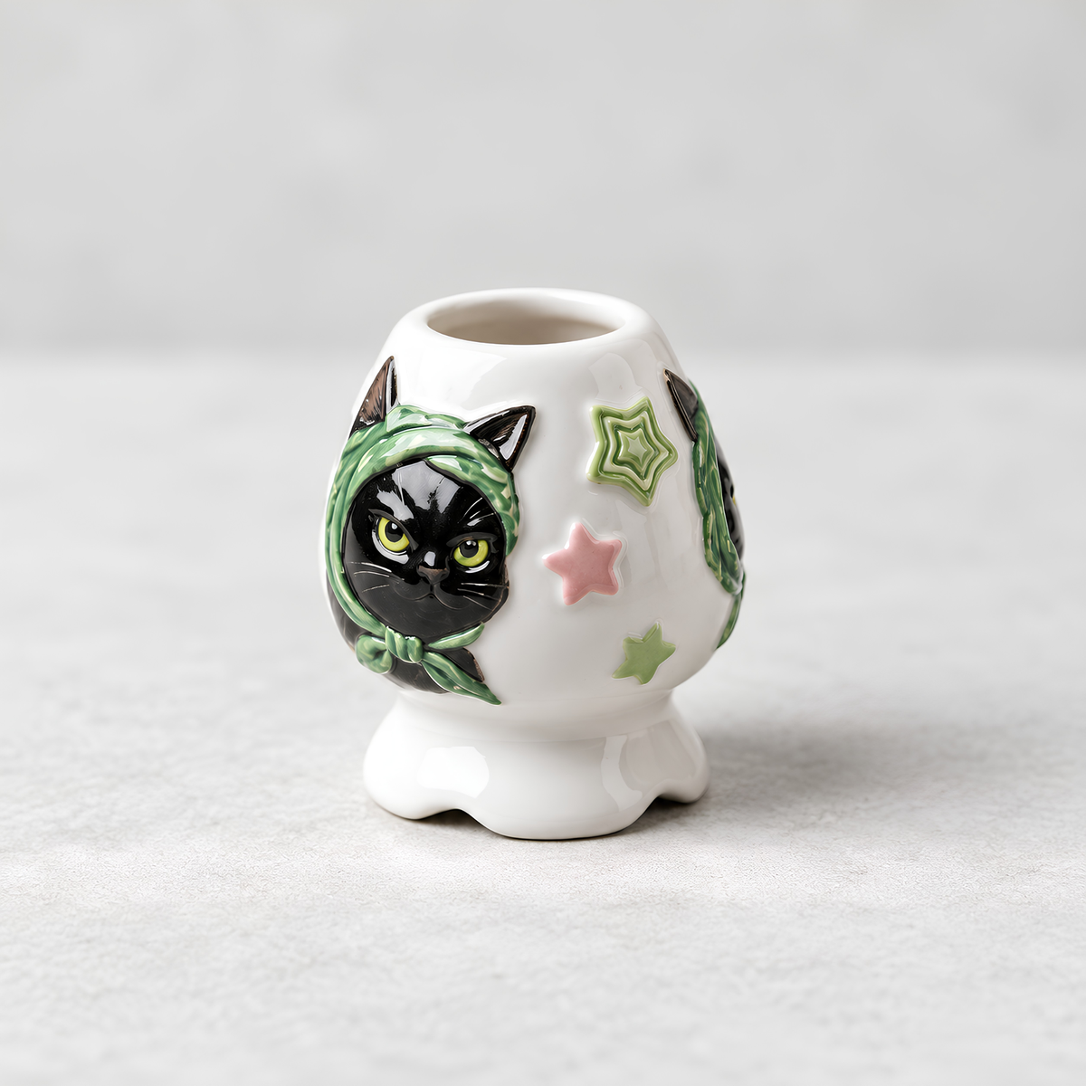 Black Cat Matcha Bowl Set - Spouted Chawan & Whisk Holder, Handmade Ceramic Tea Set.