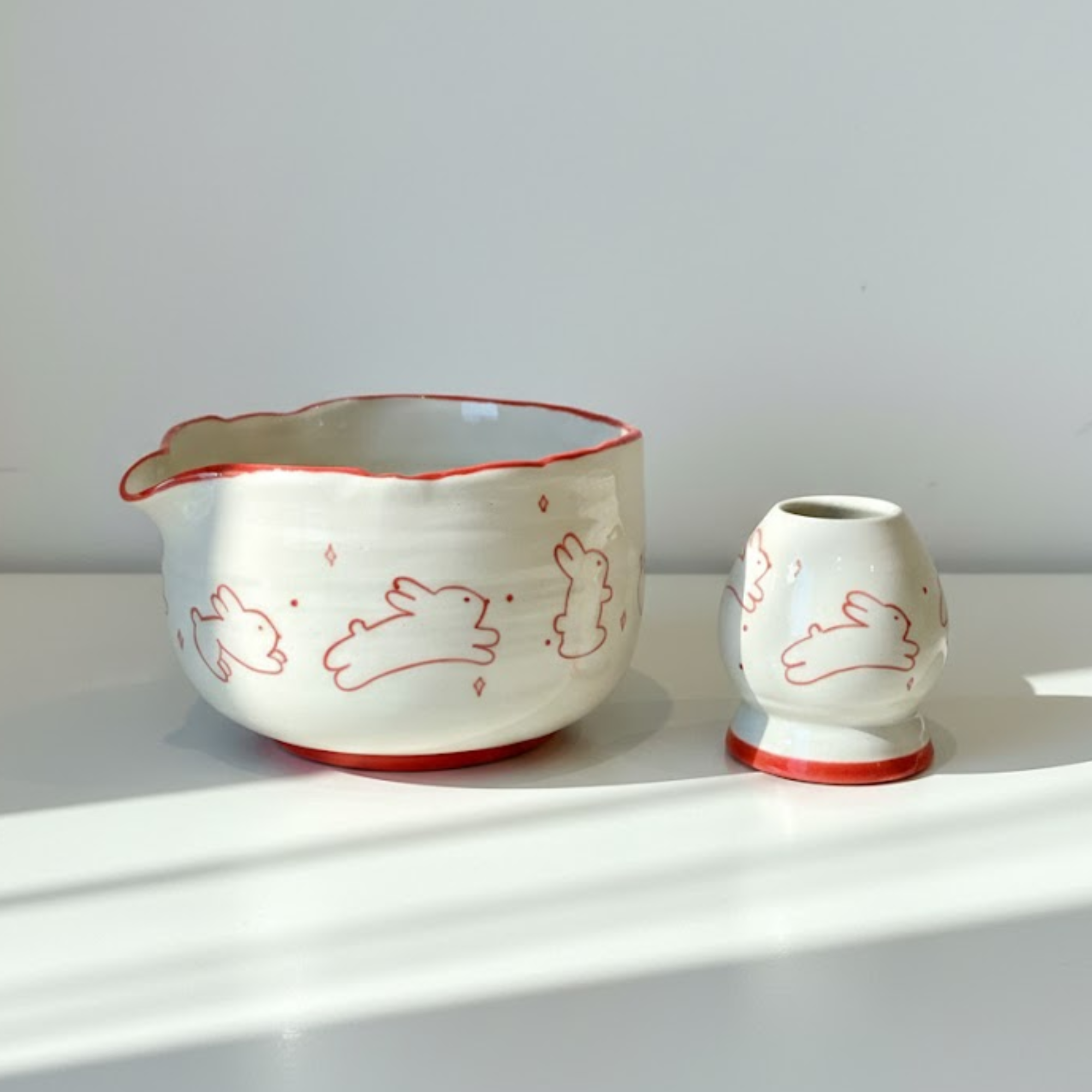 Minimalist Red Line Bunny Hand-Painted Ceramic Matcha Bowl and Whisk Holder Set • HX08