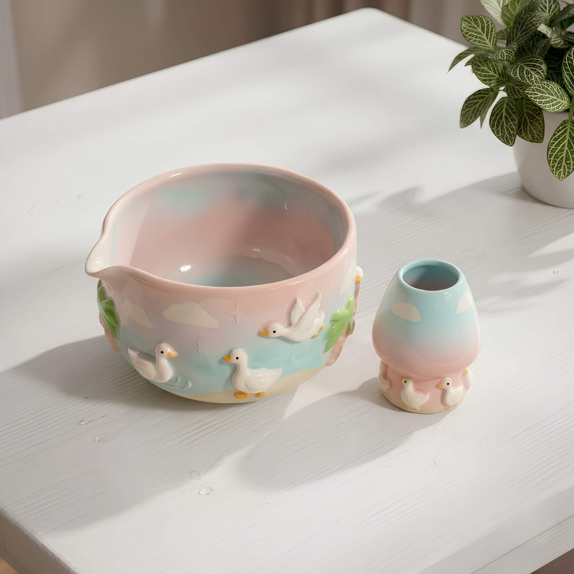 Goose Matcha Bowl Set | Cottagecore Ceramic Whisk Holder | Pastel Ombre Handmade Matcha Chawan | Cute Duck Gift for Tea Lovers | LA048