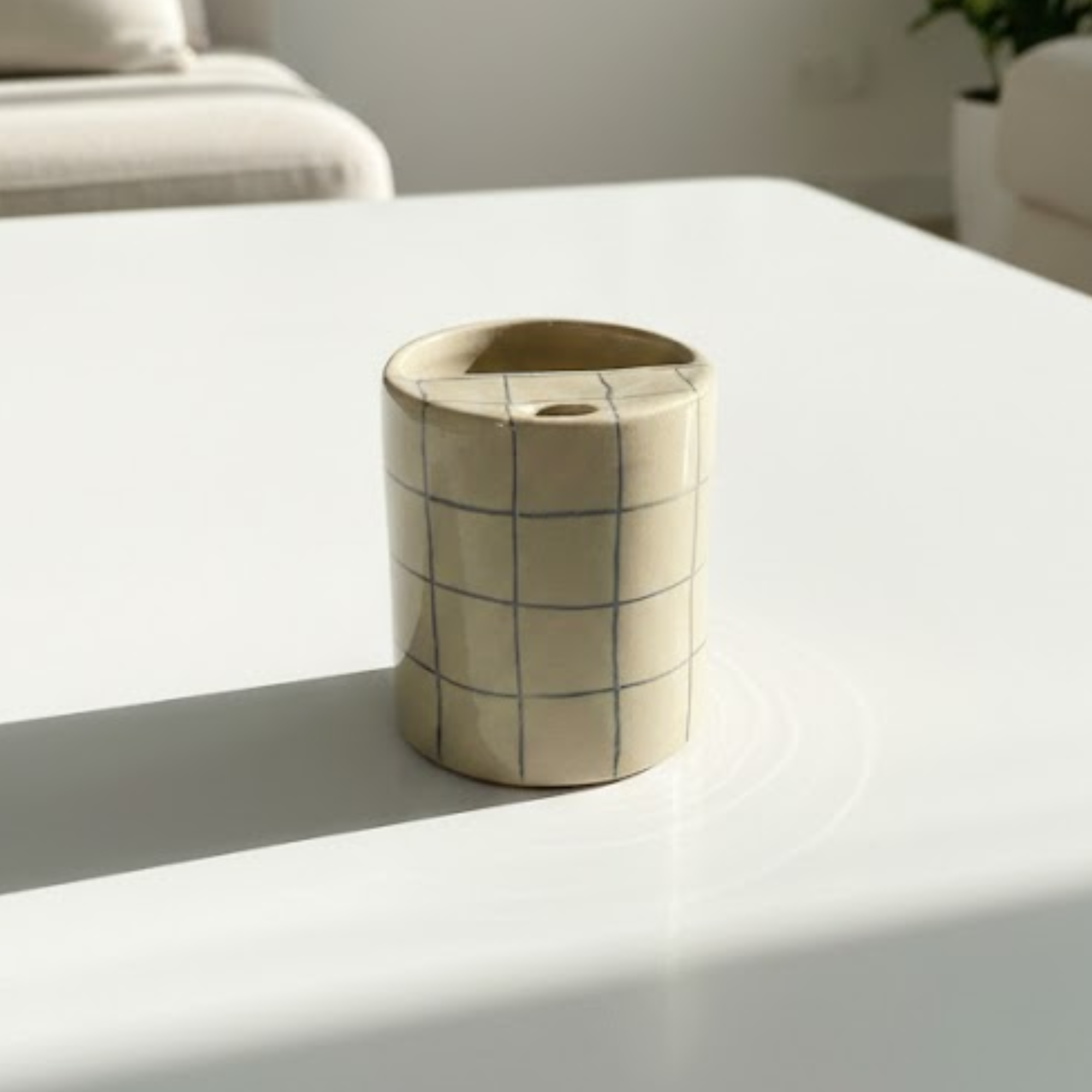 Handcrafted Ceramic Travel Mug with Built-in Lid, Minimalist Blue Grid Commuter Coffee Cup • HX09