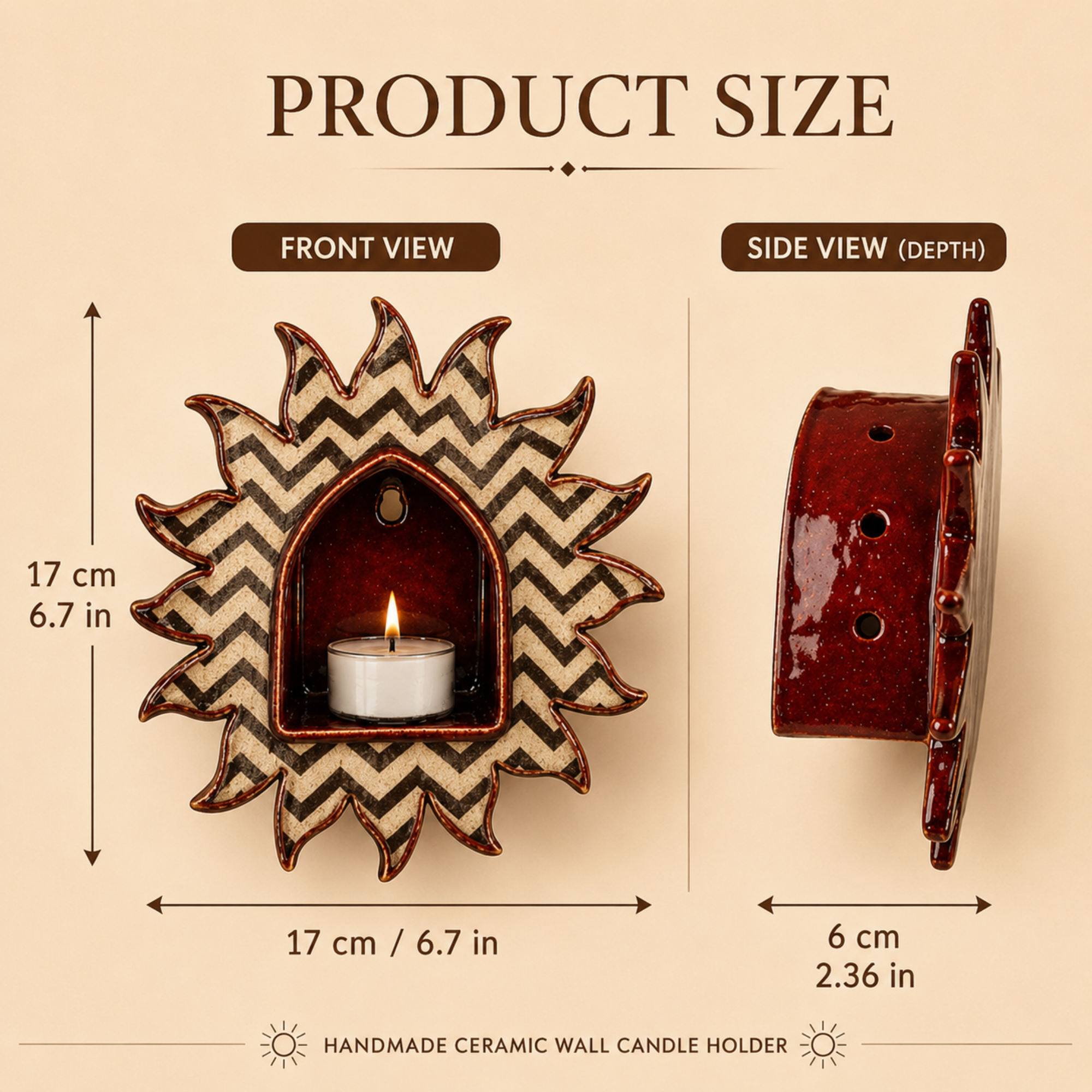 Handcrafted Red and White Checkerboard Sun Ceramic Wall Candle Sconce • HX36