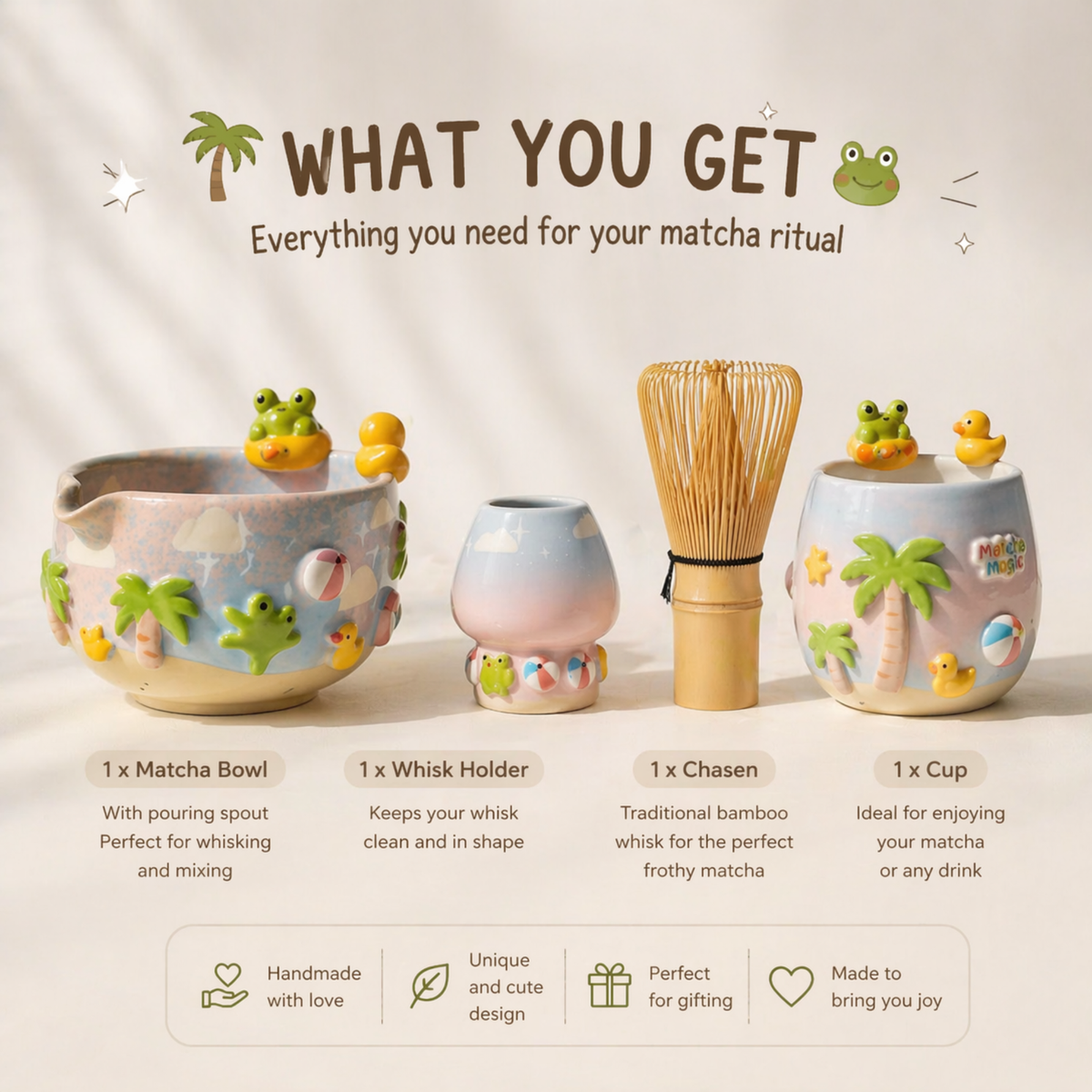 Handmade Frog Matcha Bowl Set, Cute Duck Ceramic Matcha Tea Set, Ombre Matcha Bowl with Whisk Holder, Kawaii Tea Gift | LA2