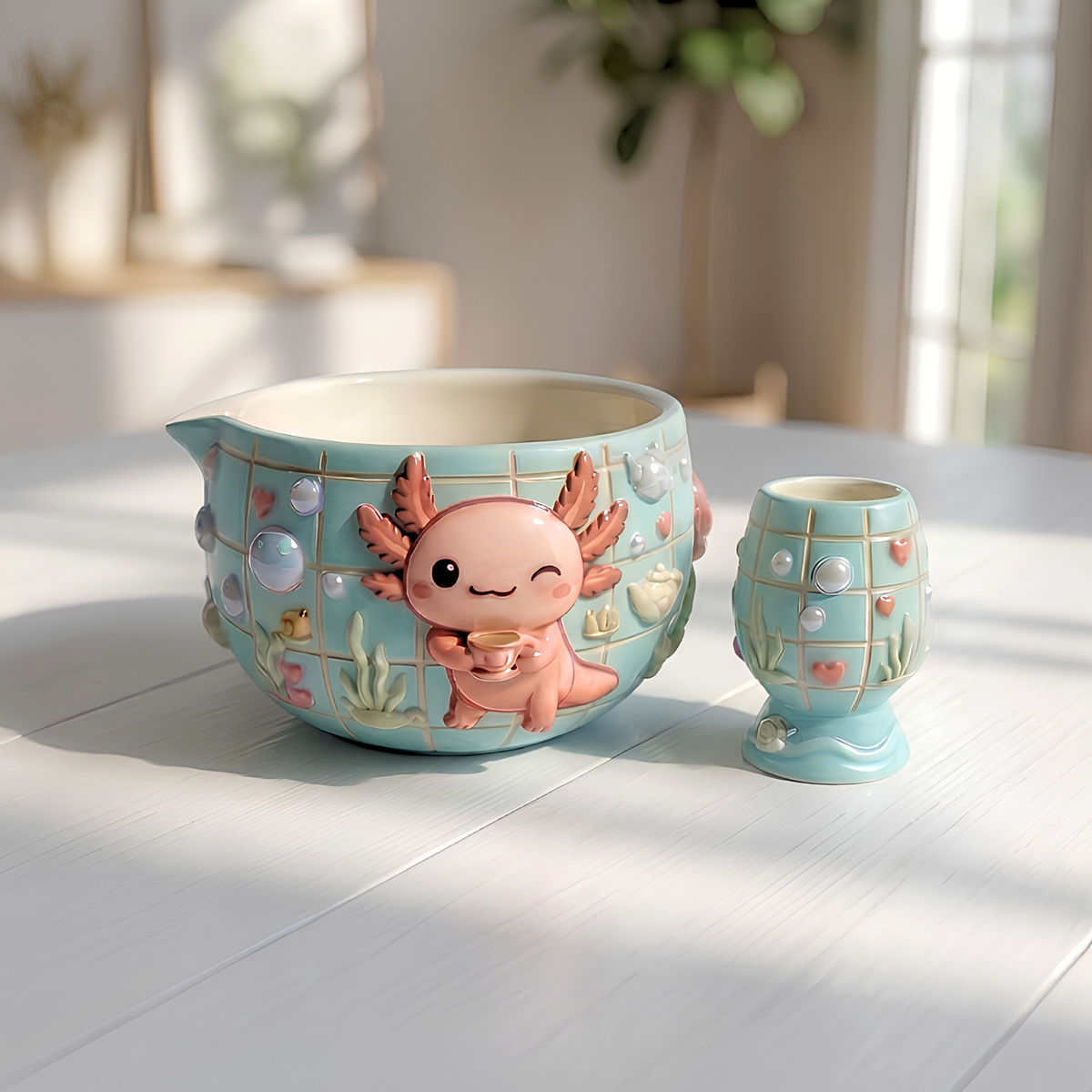 Grid Axolotl Matcha Bowl Set | Handmade Matcha Bowl Set | LA040