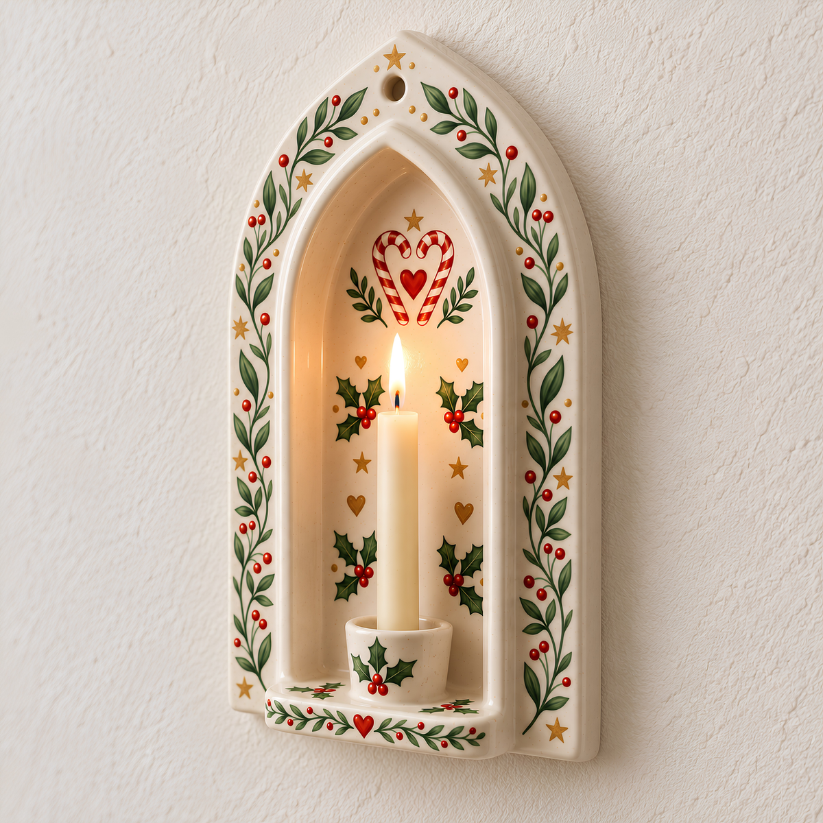 Christmas Ceramic Wall Candle Holder - Taper Sconce, Hand Painted Holly & Candy Cane Pottery Decor, Holiday Housewarming Gift