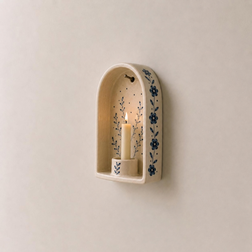 Blue Floral Ceramic Wall Candle Holder, Handmade Wall Sconce, Taper Candle Holder, Cottagecore Decor, Farmhouse Wall Decor | LA125