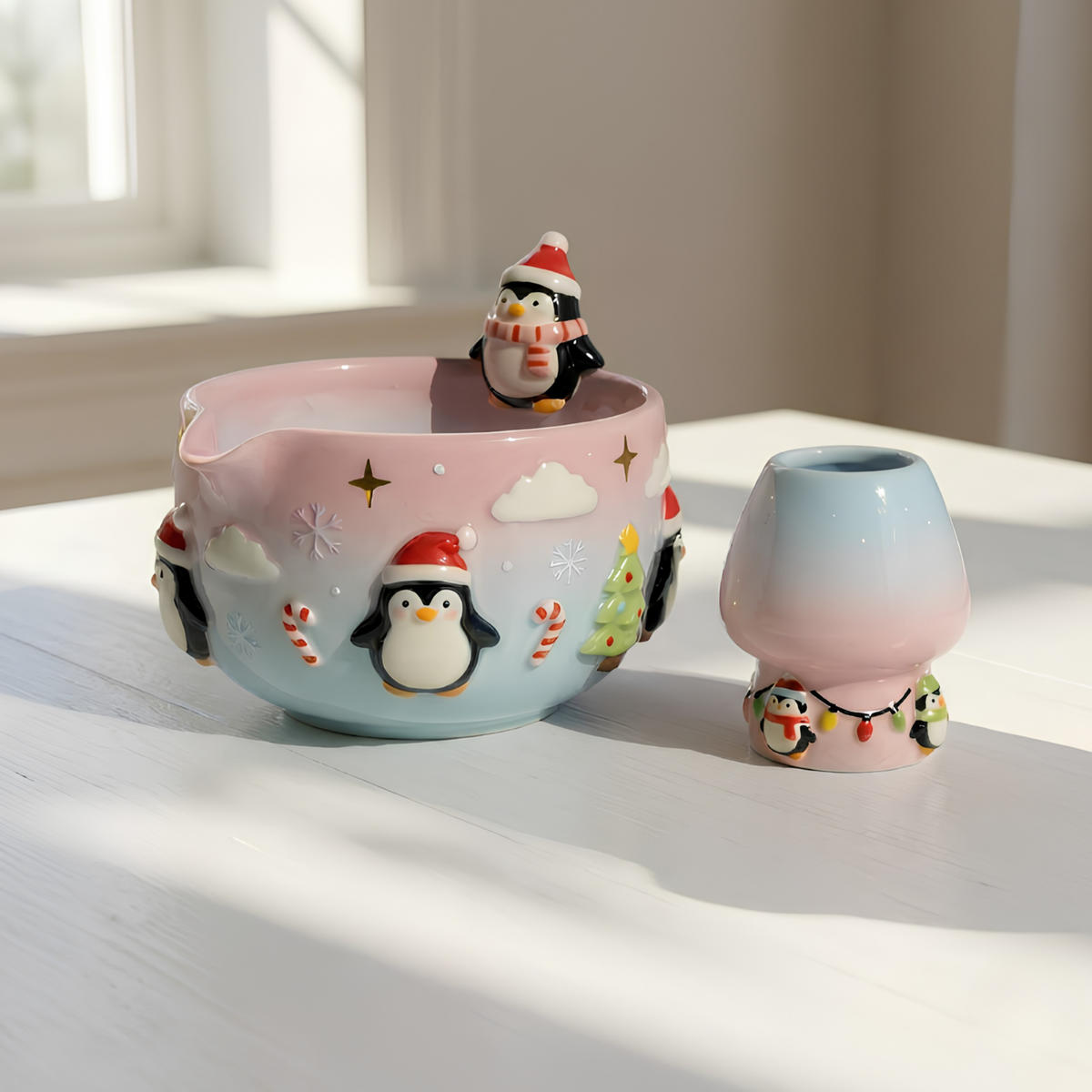 Christmas Penguin Matcha Bowl, Handmade Ceramic Matcha Set with Whisk Holder, Cute Winter Chawan, Penguin Gift for Matcha Lover | LA049