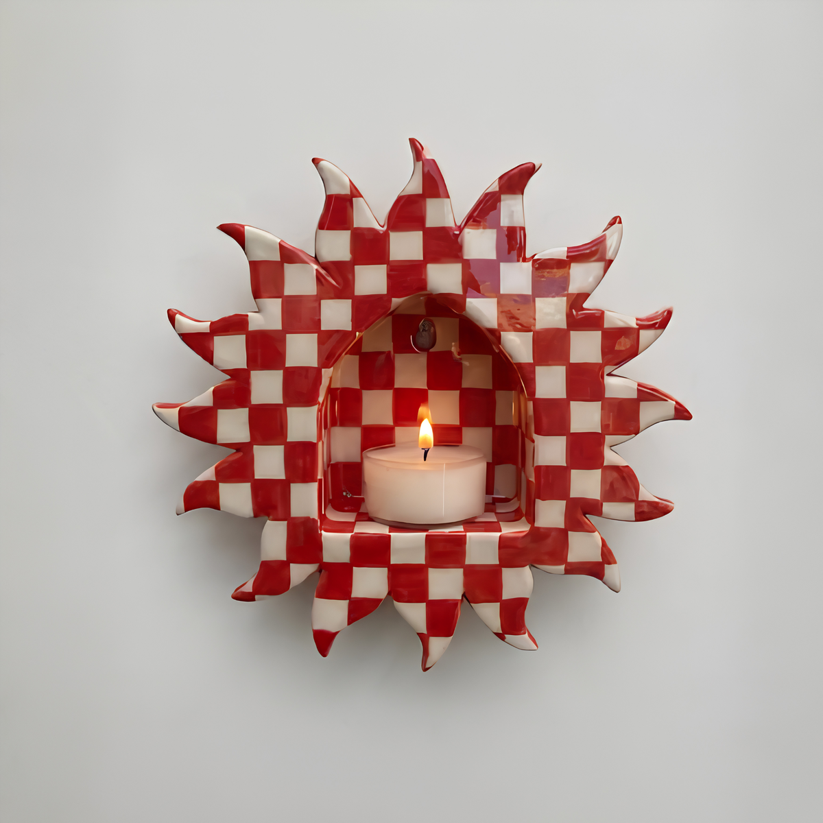 Handcrafted Burgundy Polka Dot Sun Ceramic Wall Candle Sconce • HX37