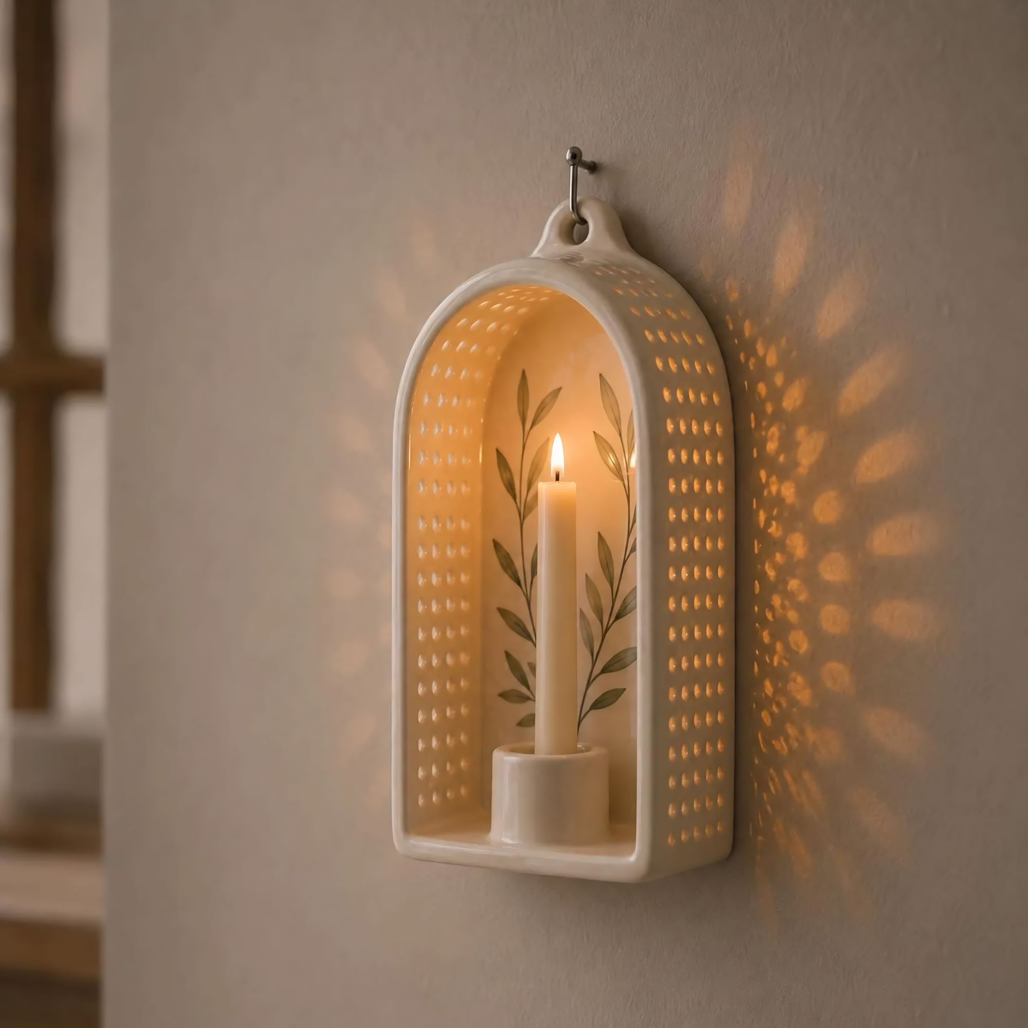 Perforated Ceramic Wall Sconce, Handmade Candle Lantern, Taper Candle Holder, Botanical Light Decor, Tealight Holder, Housewarming Gift | LA138