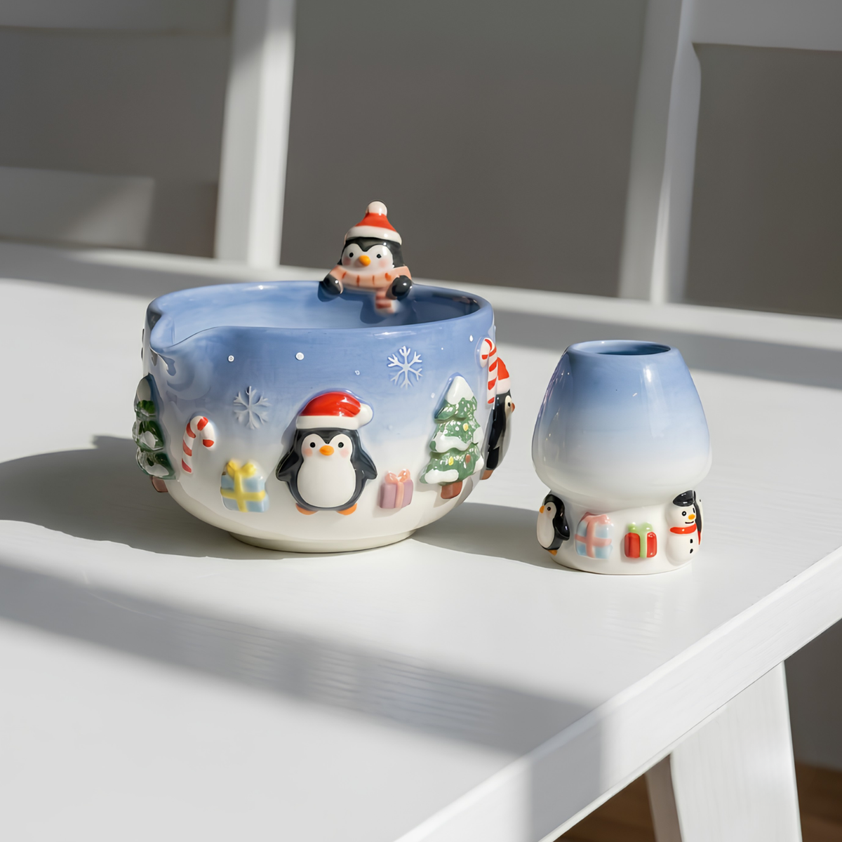 Christmas Penguin Matcha Bowl, Handmade Ceramic Matcha Set with Whisk Holder, Cute Winter Chawan, Penguin Gift for Matcha Lover | LA050