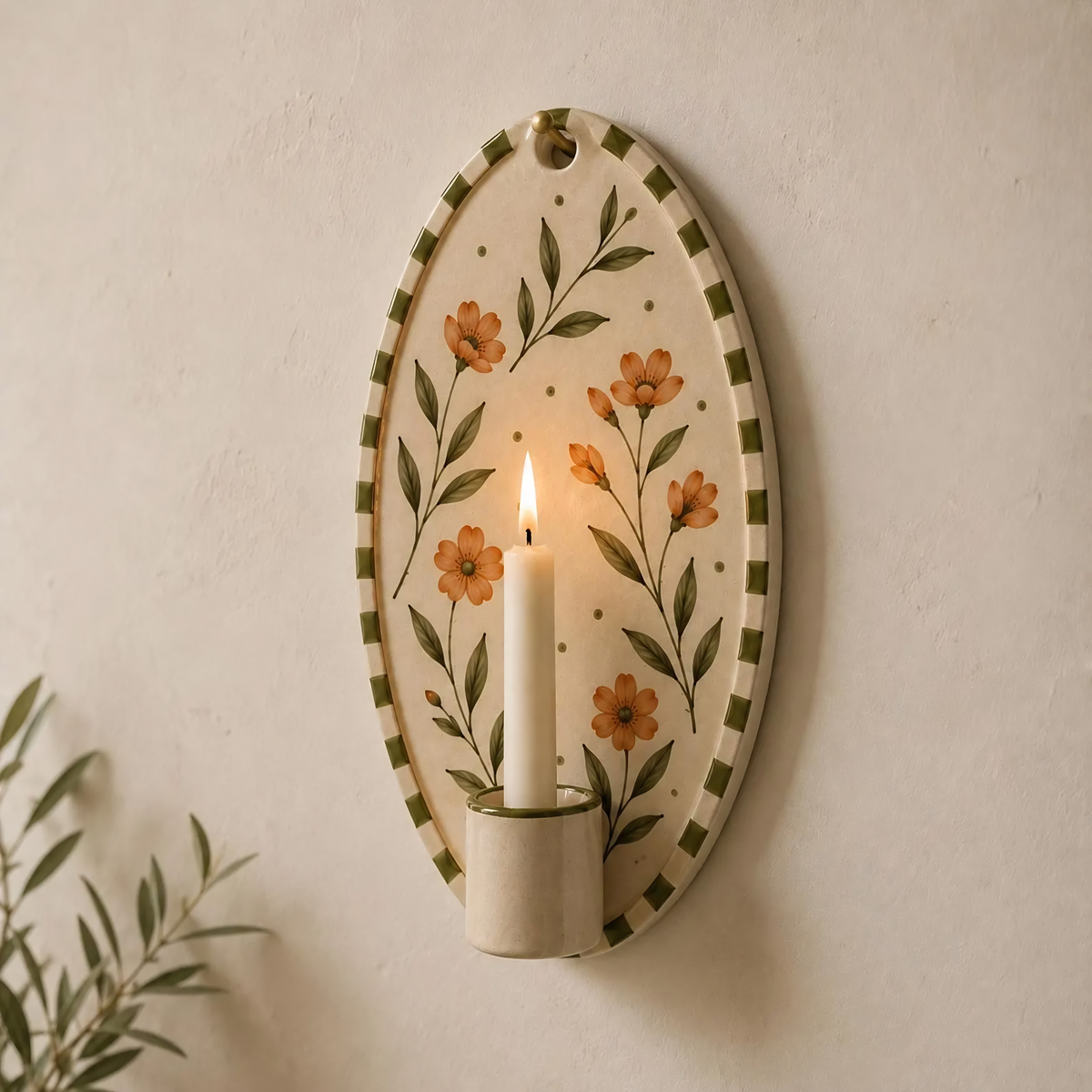 Handmade Floral Ceramic Wall Candle Holder, Botanical Wall Sconce, Cottagecore Wall Decor, Rustic Farmhouse Gift, Nature Inspired Art | LA129