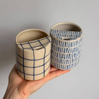 Handcrafted Ceramic Travel Mug with Built-in Lid, Minimalist Blue Grid Commuter Coffee Cup • HX09