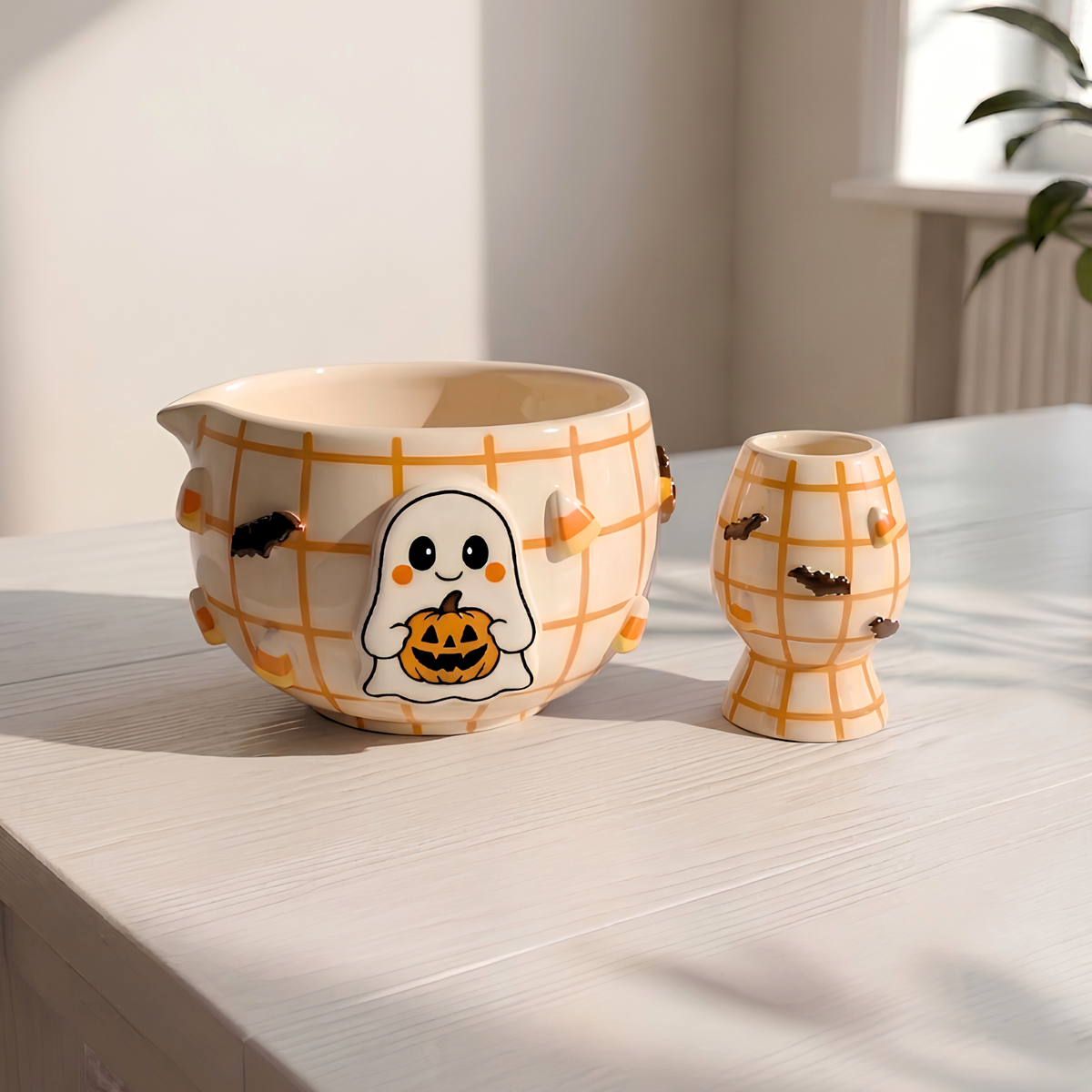 Handmade Halloween Matcha Bowl Set, Ghost Ceramic Chawan with Whisk Holder, Cute Pumpkin Matcha Bowl, Fall Tea Lover Gift | LA036