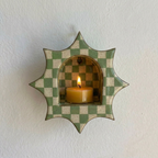 Handmade Checkerboard Ceramic Wall Candle Holder, Sunburst Silhouette, Cottagecore Decor | LA110