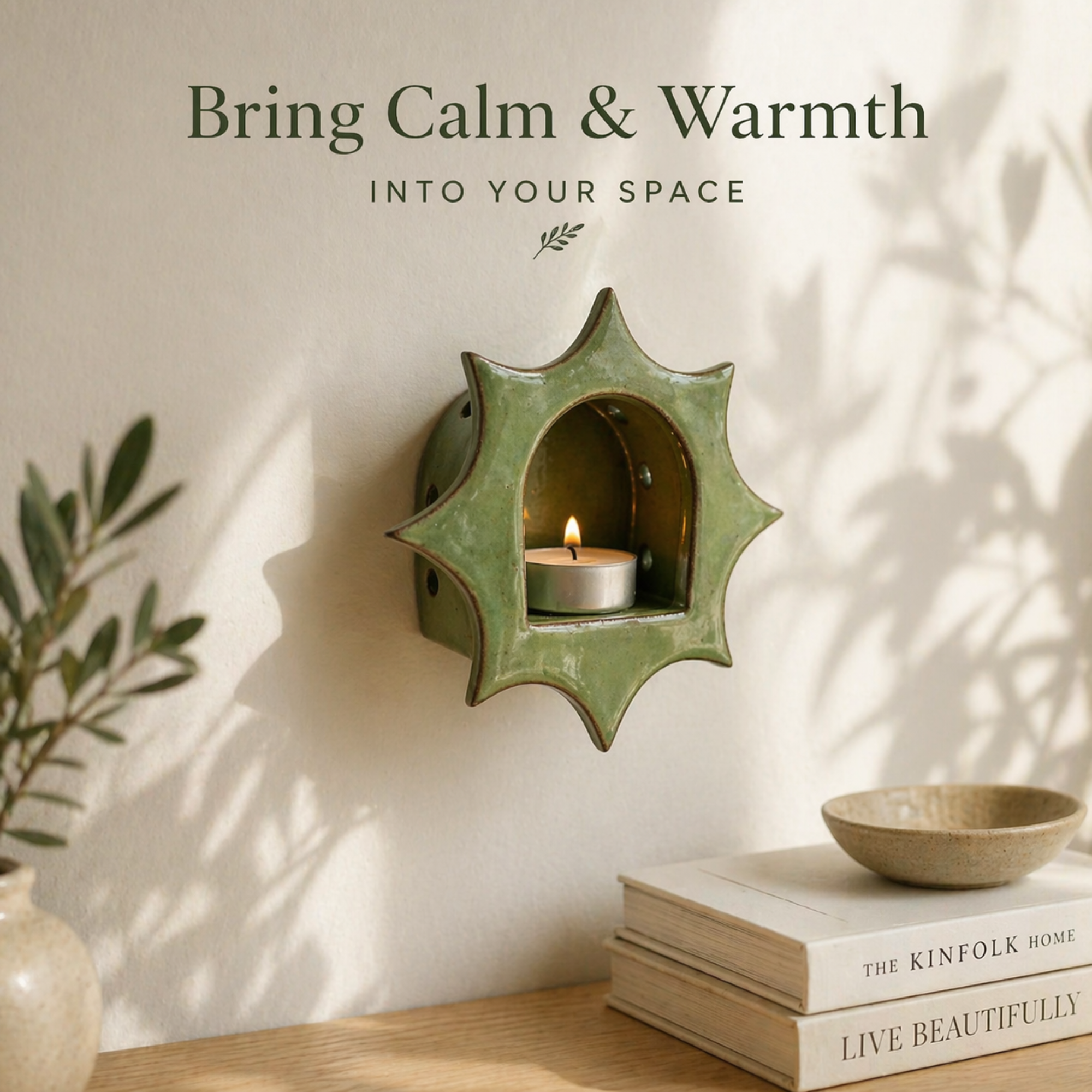 Mint Green Glossy Glaze Candle Holder – Celestial Boho Decor| LA112