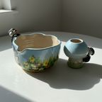 Fairytale Bunny Garden 3D Handcrafted Ceramic Matcha Bowl and Mushroom Whisk Holder Set • HX05