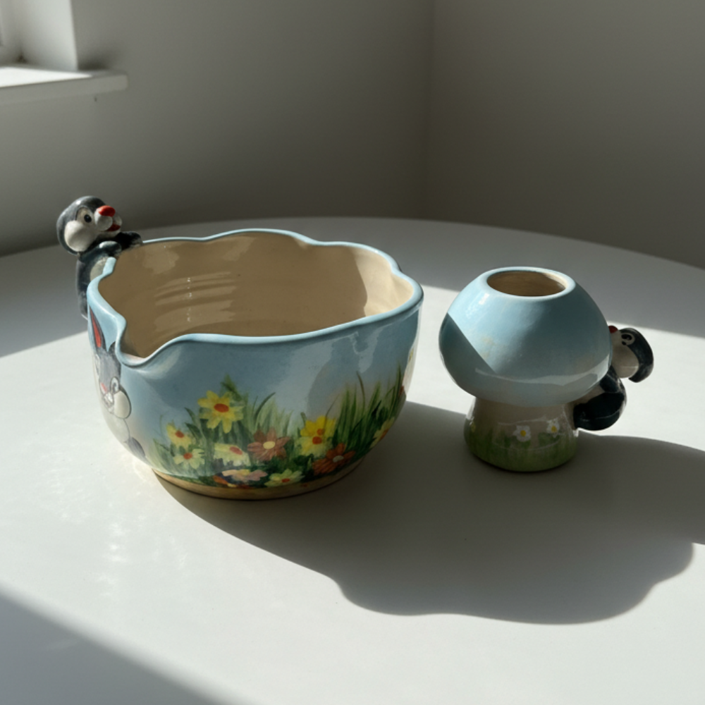 Fairytale Bunny Garden 3D Handcrafted Ceramic Matcha Bowl and Mushroom Whisk Holder Set • HX05