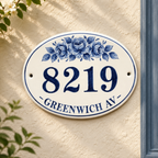 Personalized Ceramic House Number Sign, Hand Painted Blue Floral Address Plaque, Custom Street Name Sign, Cottage Home Decor - NN