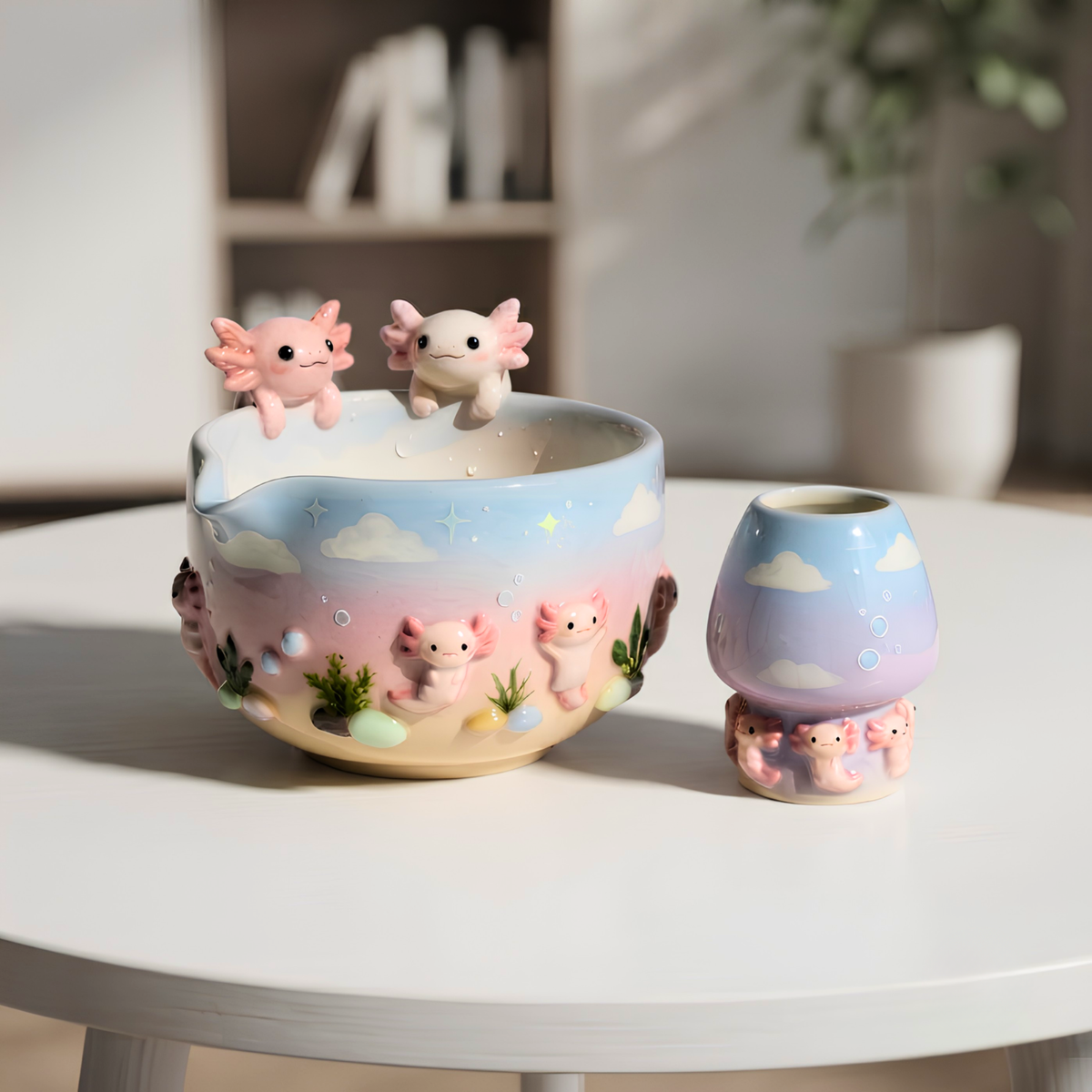 Ombre Axolotl Matcha Bowl | Handmade Ceramic Matcha Set | LA042