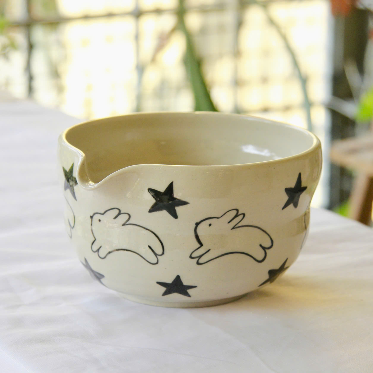 Minimalist Bunny Star Hand-Painted Ceramic Matcha Bowl and Whisk Holder Set • HX06