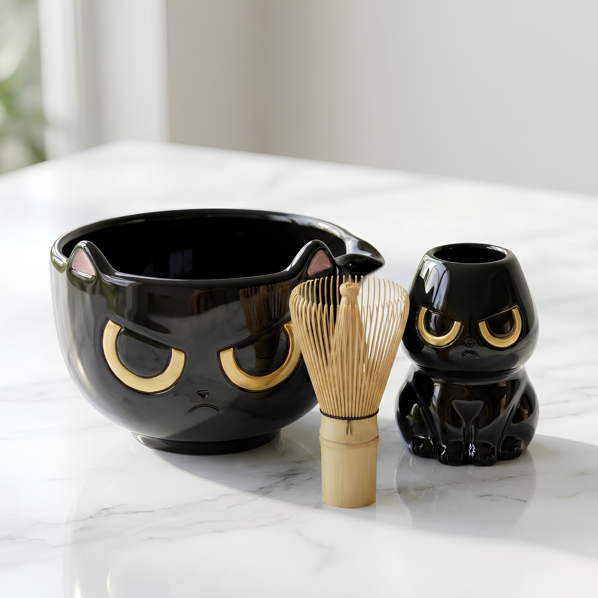 Grumpy Black Cat Matcha Bowl Set - Spouted Chawan & Whisk Holder, Handmade Ceramic Tea Set.